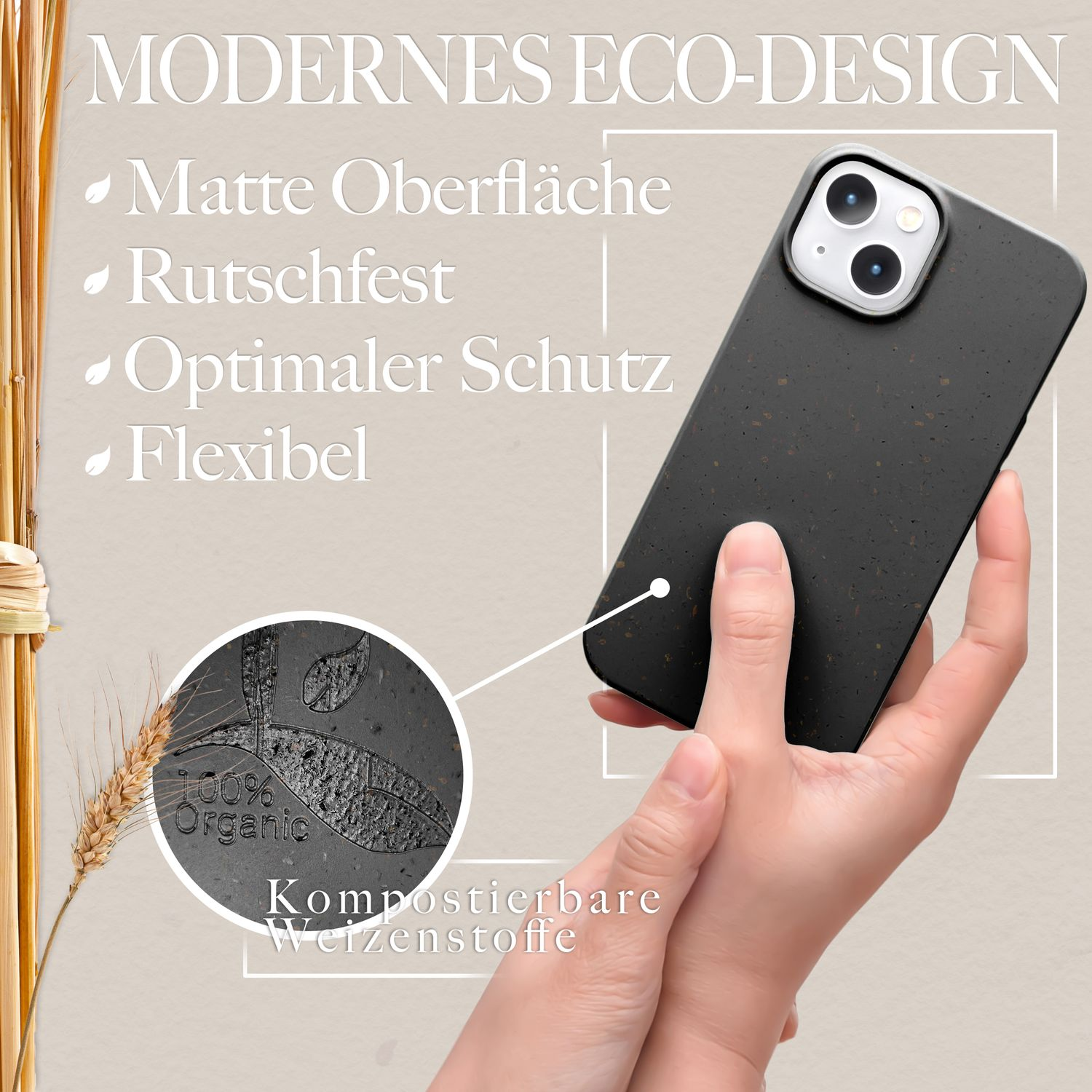 Schwarze Handyhülle mit Text, Hand hält sie und Design-Nahaufnahme.