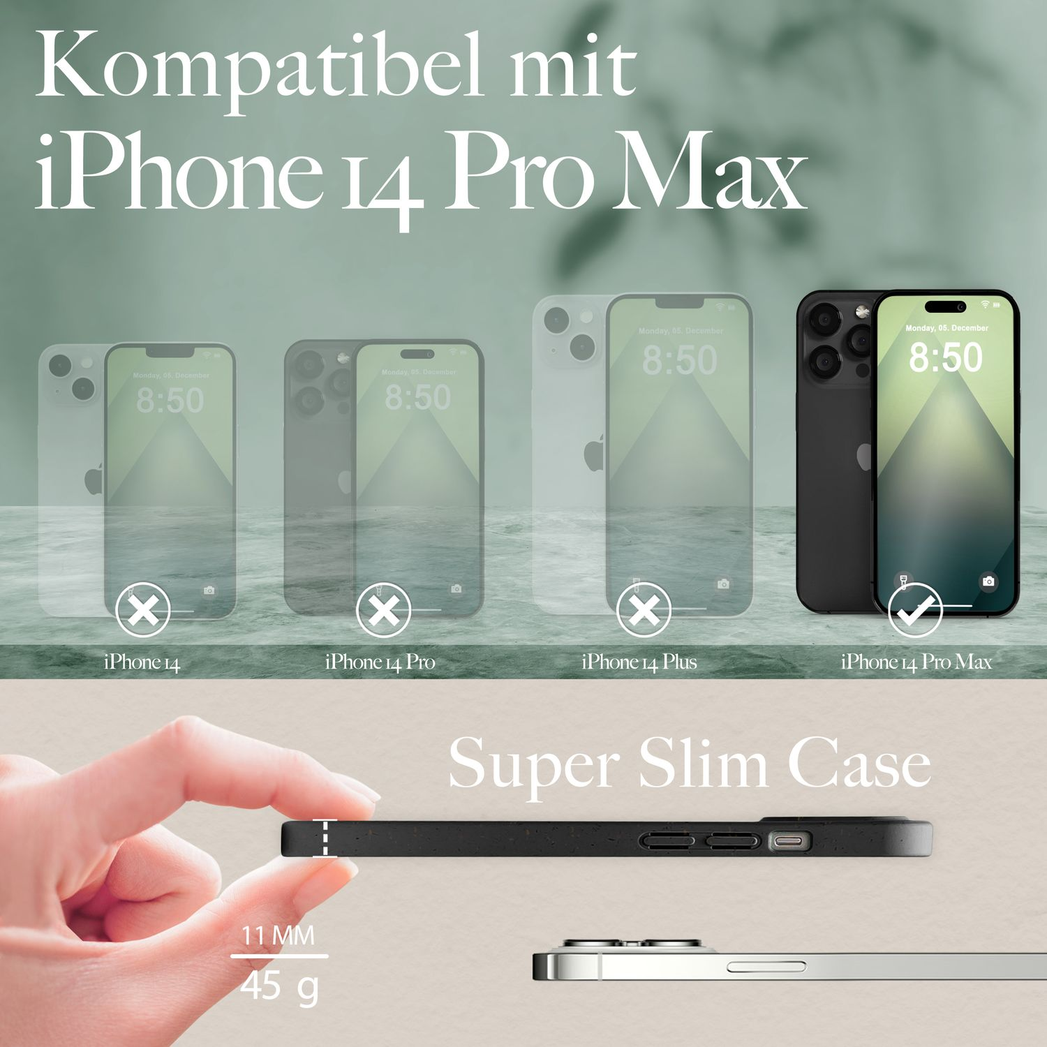 Eine Handyhülle mit schlankem Design und einer Anzeige von Telefonen. Die Hülle ist schwarz.