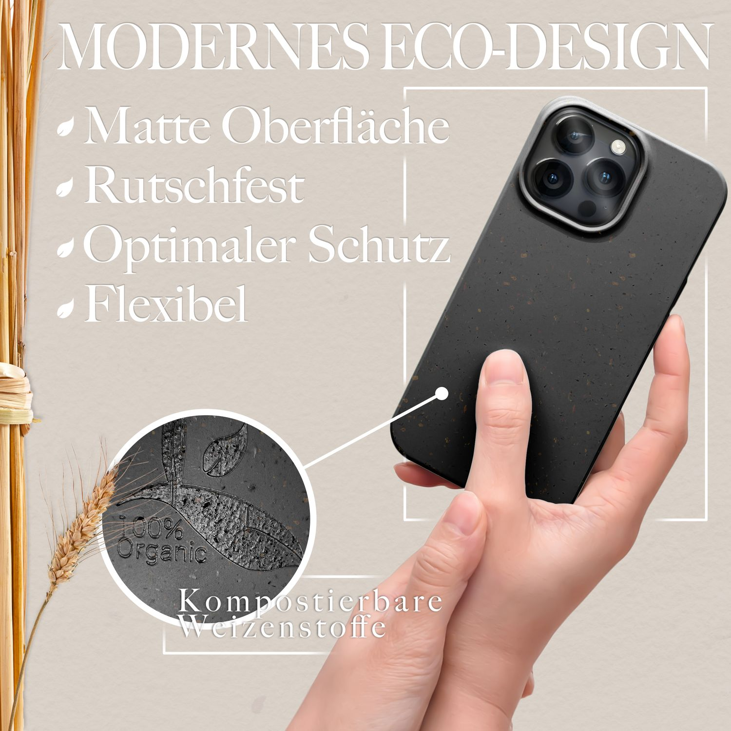 Eine Hand hält eine schwarze Handyhülle mit einer Nahaufnahme des organischen Materials auf der Rückseite.