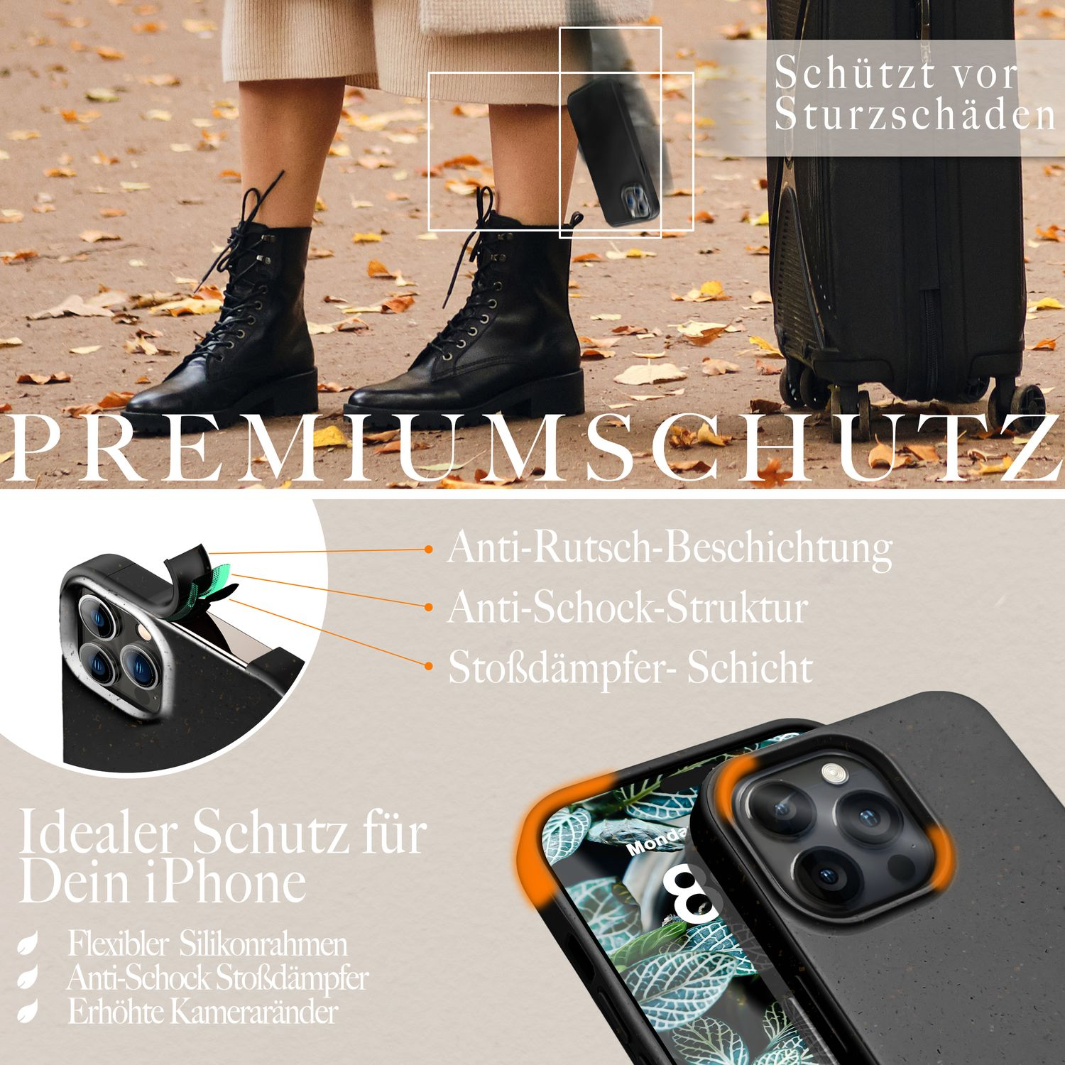 Schwarze iPhone-Hülle mit Schutzdesign. Zeigt Telefon, Hülle und Diagramm der Funktionen.
