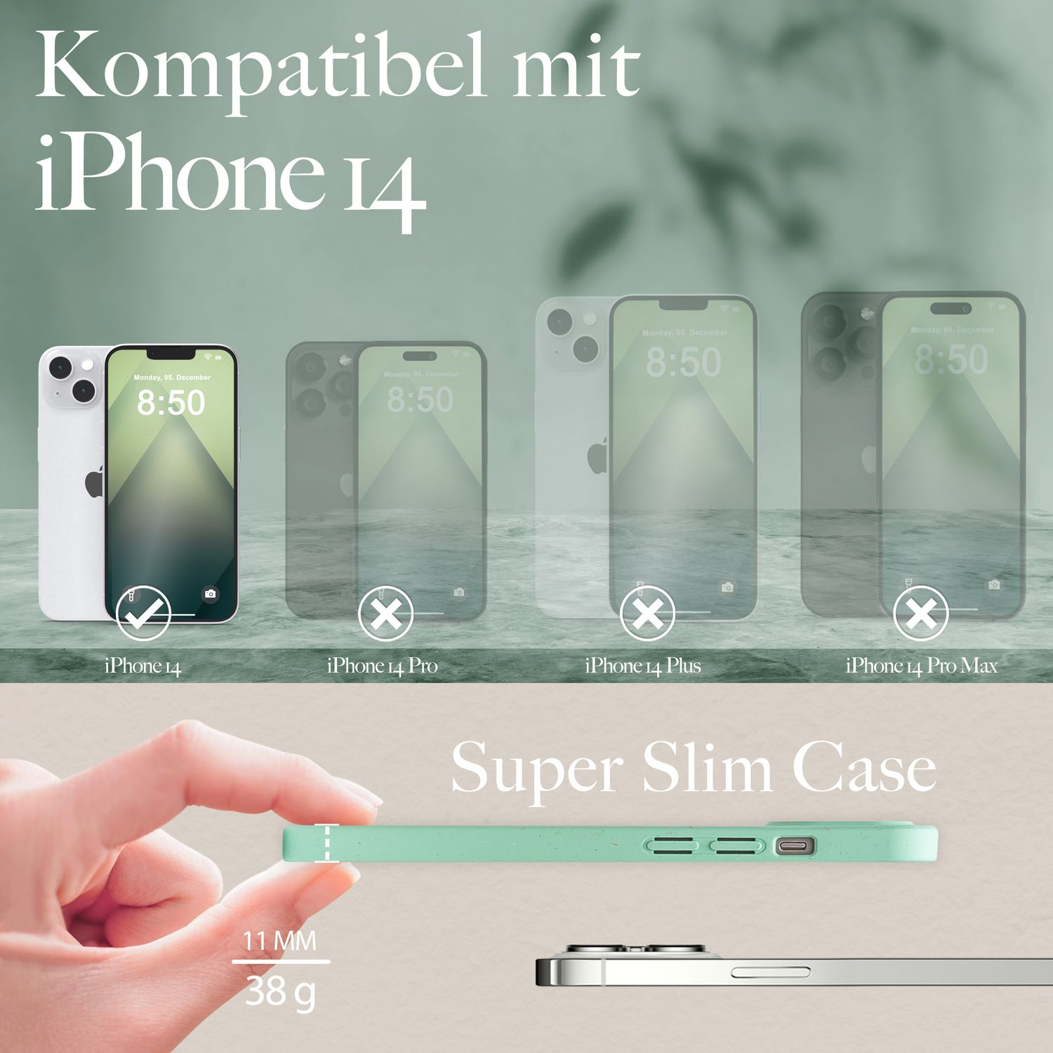 Grüne Handyhülle mit kompatiblen iPhone-Modellen.