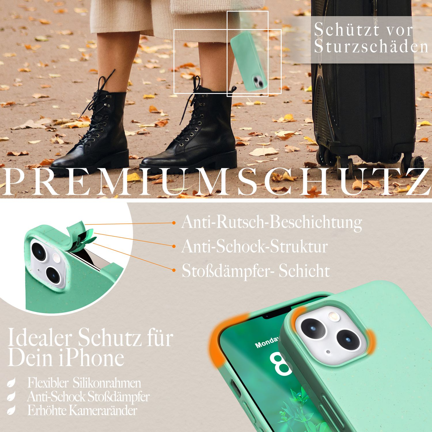 Frau mit Stiefeln, hält eine Handyhülle, mit einer grünen Hülle und Text. Im Hintergrund Gepäck.