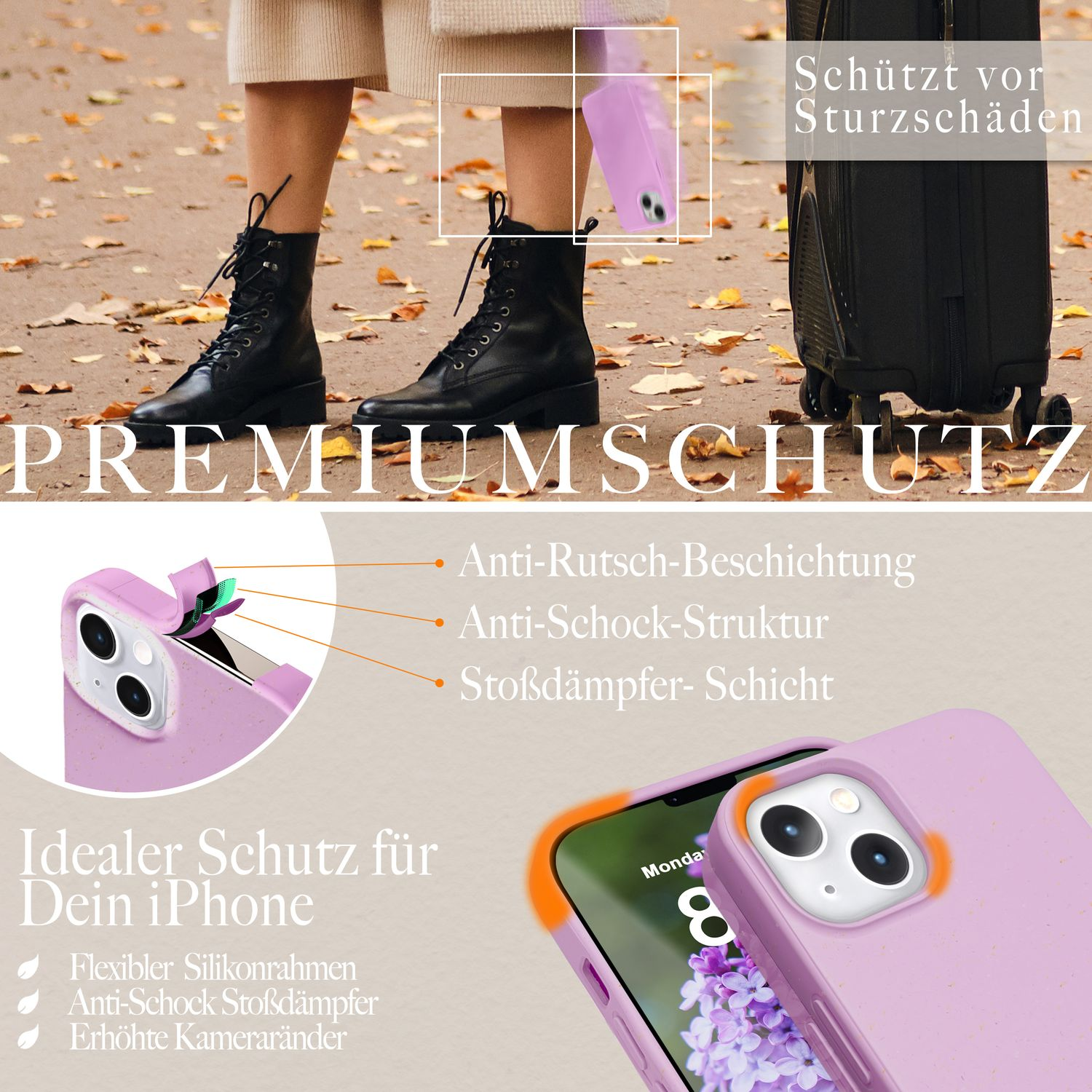 Lila Handyhülle mit Funktionen, in der Nähe von schwarzen Stiefeln und einem Koffer.