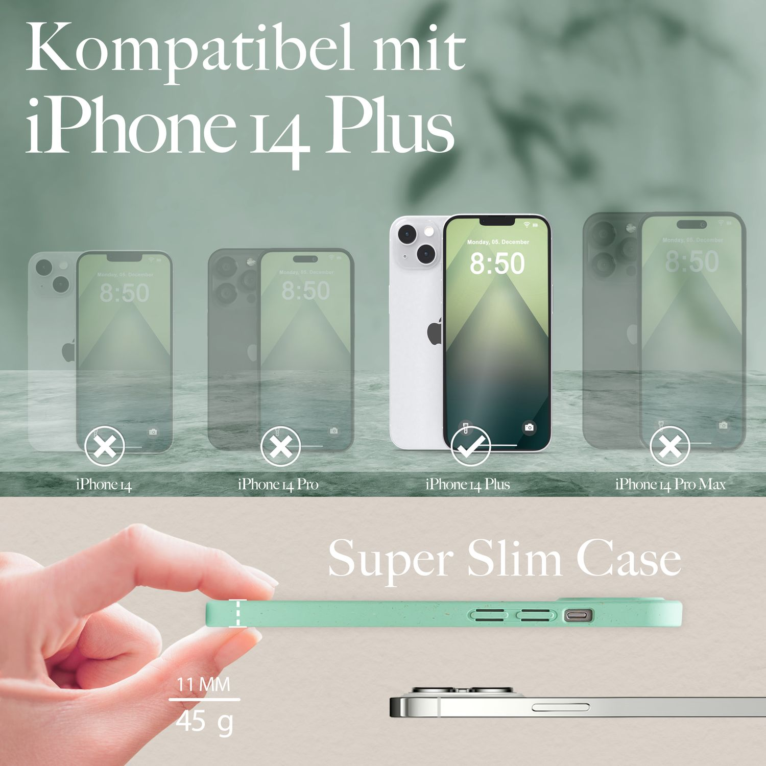 Mehrere Handyhüllen für das iPhone 14 Plus. Eine Hand hält eine, der Bildschirm zeigt die Uhrzeit.