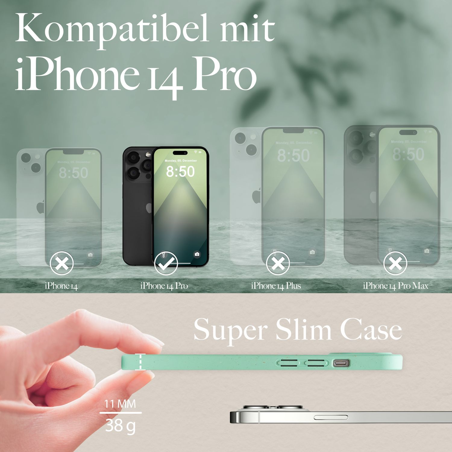 Handyhülle mit mintgrünem Rand. Das Telefon ist schwarz, mit Bild der Hülle.