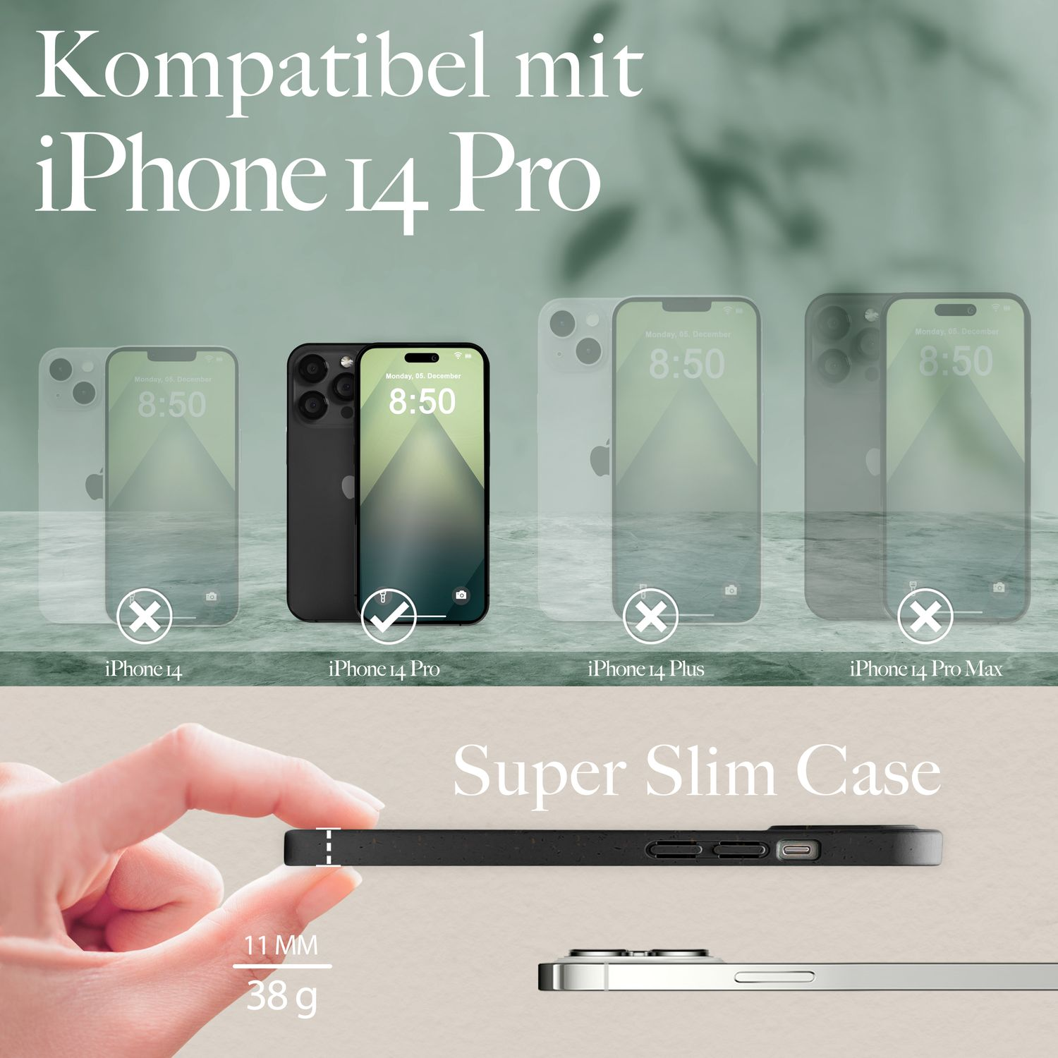 Schwarze Handyhülle neben iPhone 14 Pro und anderen Handys. Text: Kompatibel mit iPhone 14 Pro.
