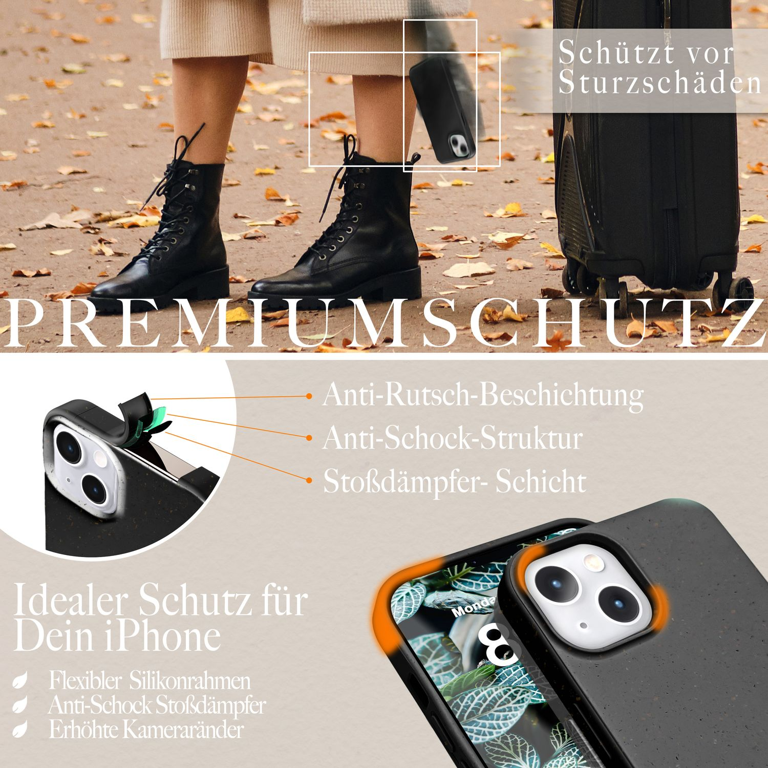 iPhone-Hülle mit Kameraschutz, zeigt das Telefon und hebt Schutzfunktionen hervor.