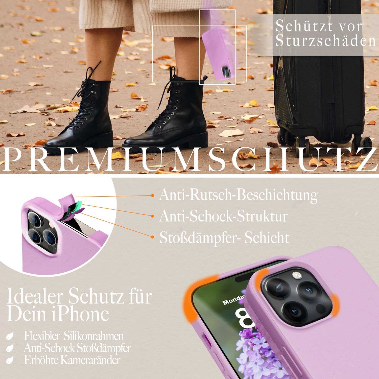 Eine lila Handyhülle mit einem Telefon und Text über Schutz. Ein Paar schwarze Stiefel ist sichtbar.
