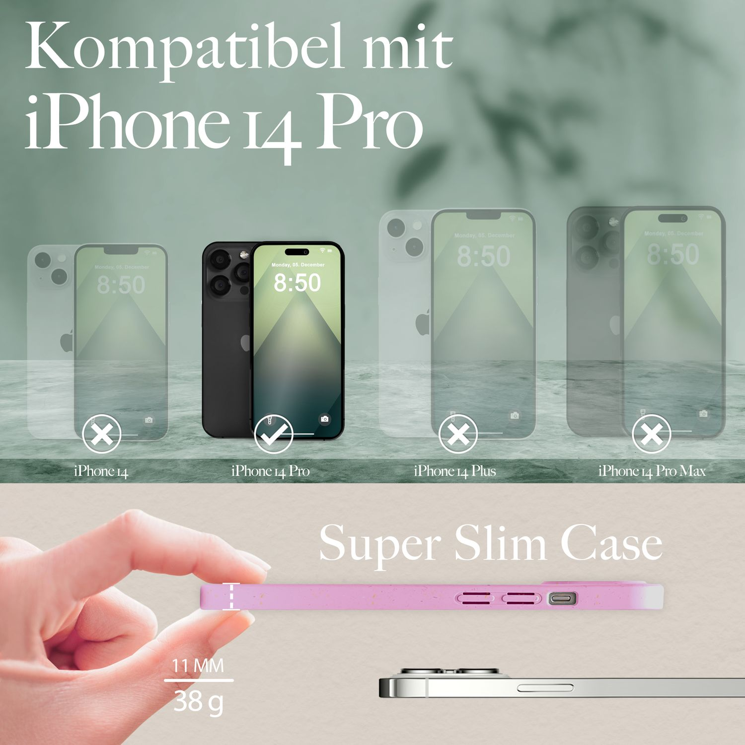 Eine rosa Handyhülle neben mehreren Telefonmodellen in einer Reihe. Weißer Hintergrund mit Text.