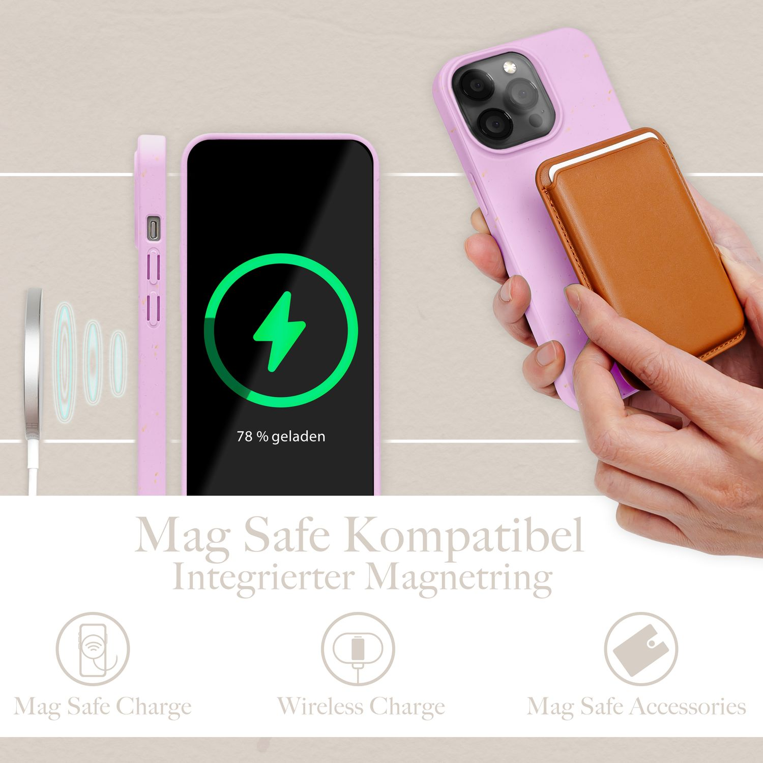 Telefon mit Ladeanimation und pinkfarbener MagSafe-kompatibler Hülle. Eine braune MagSafe-Geldbörse wird gezeigt.