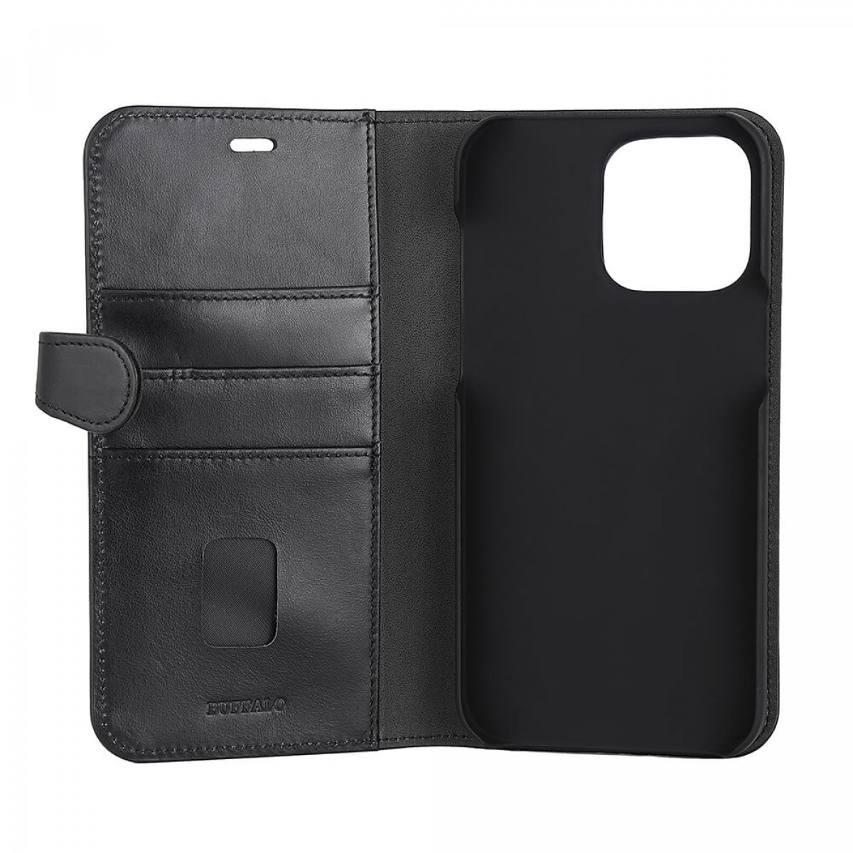 Schwarze Leder-Handyhülle offen, mit Kartenfächern und Telefonhalter.