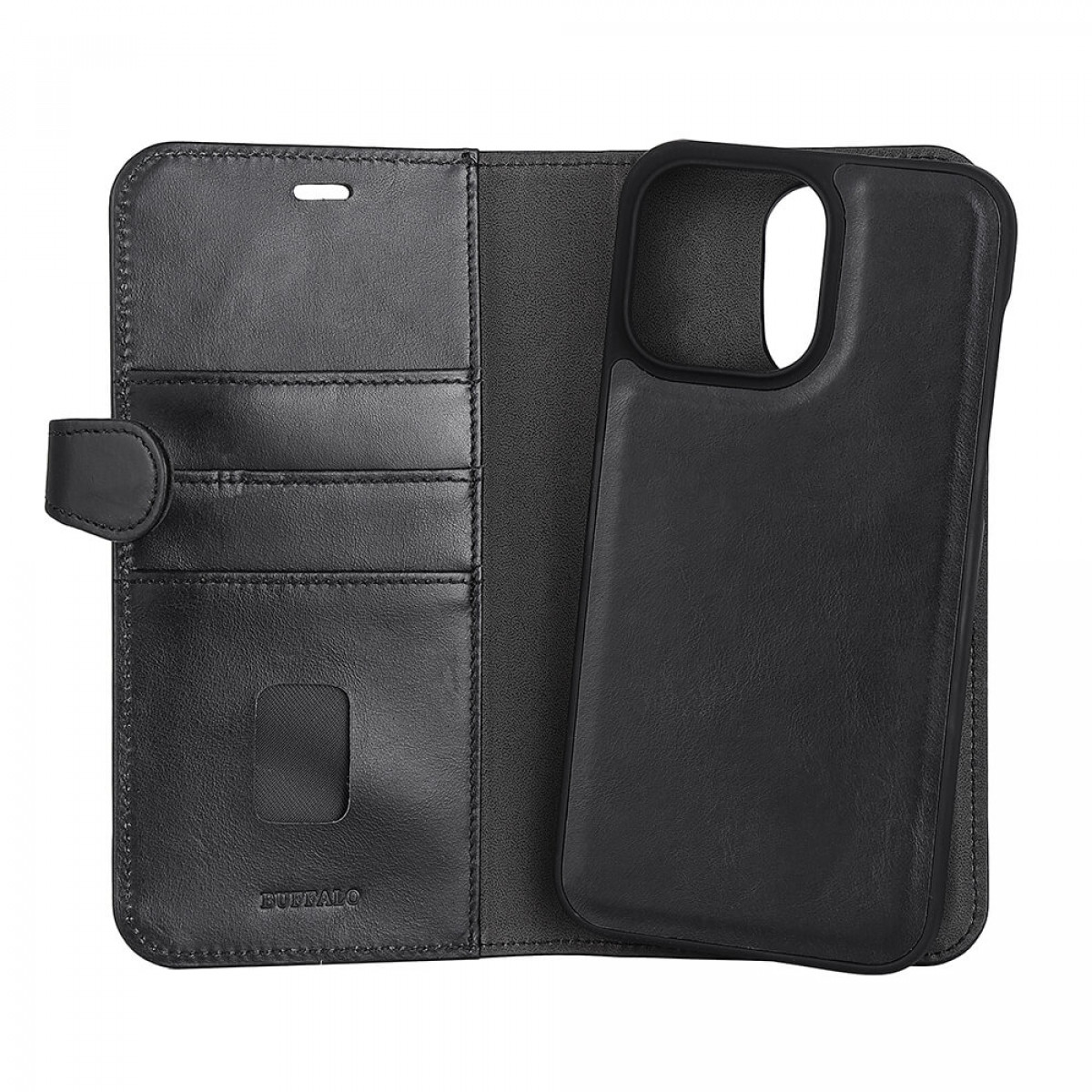 Eine schwarze Leder-Geldbörsenhülle mit Telefon und separater Handyhülle.