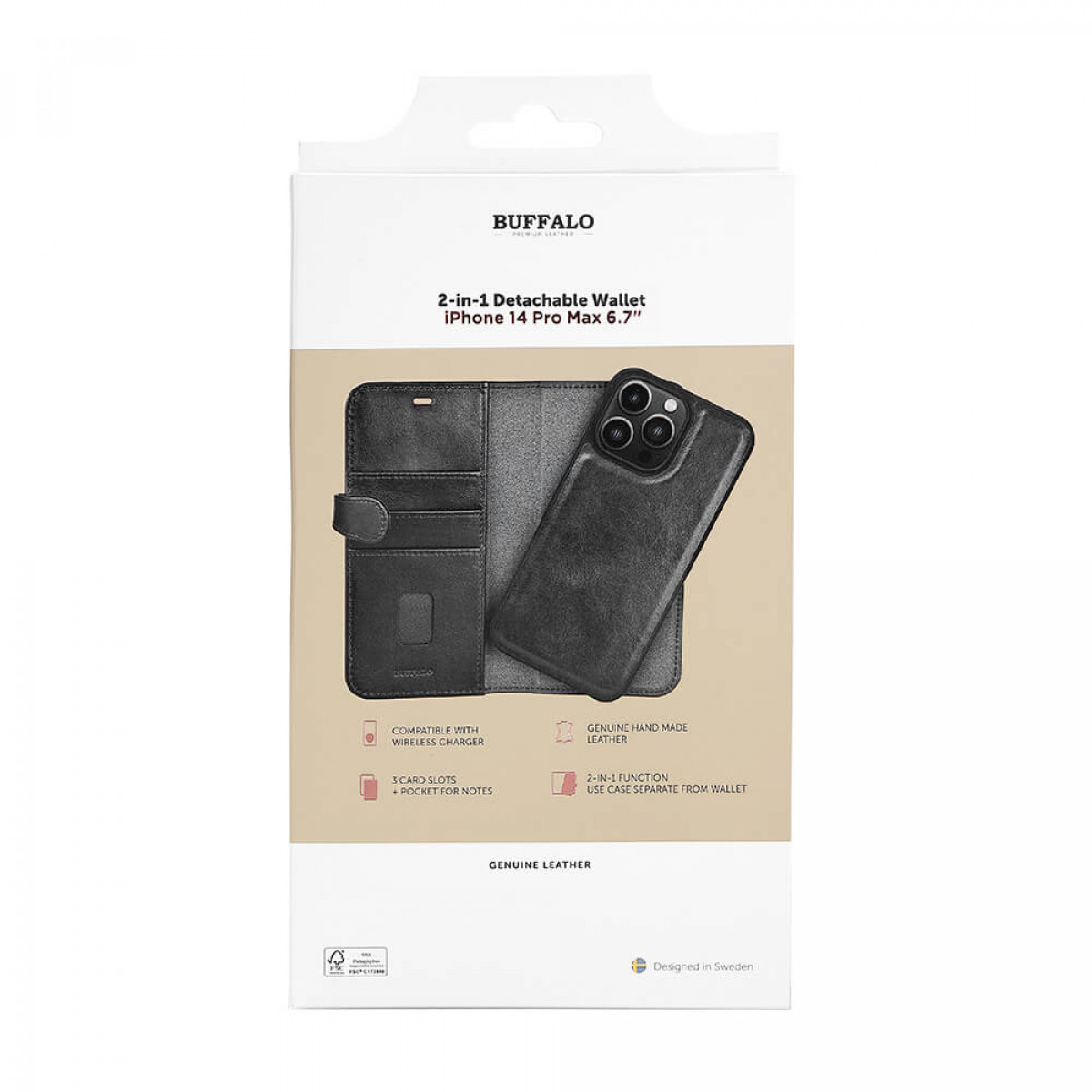 Schwarzes iPhone 14 Pro Max Wallet Case mit Kartenfächern und einer abnehmbaren Handyhülle.