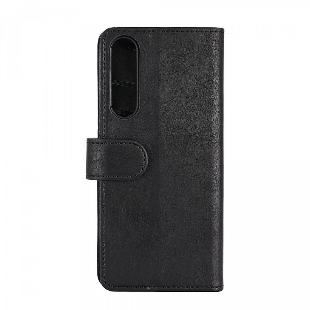 Eine geschlossene schwarze Leder-Handyhülle. Ein Magnetverschluss ist sichtbar. Minimalistisches Design.