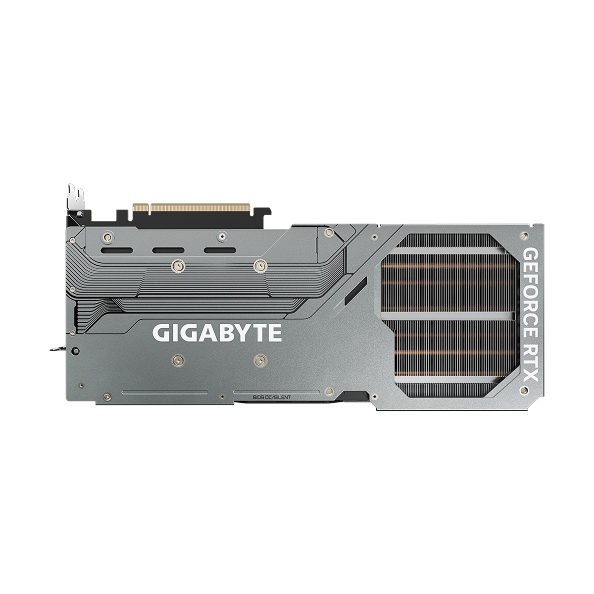 Una scheda grafica GIGABYTE GeForce RTX, che mostra il sistema di raffreddamento su sfondo nero.