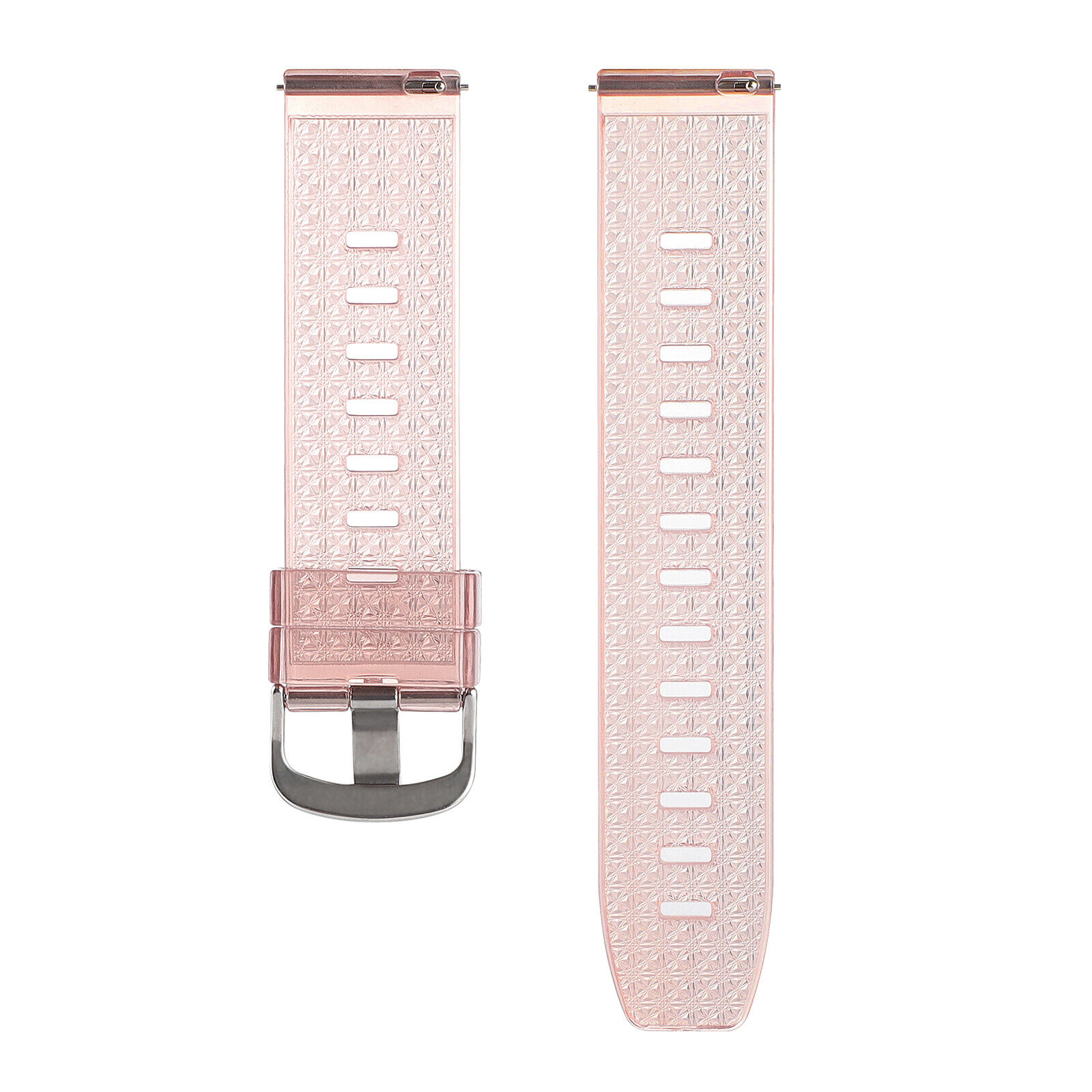 Zwei Uhrenarmbänder, hellrosa mit strukturiertem Muster. Schnalle und Bandlöcher sind sichtbar. Isoliert auf weißem Hintergrund.