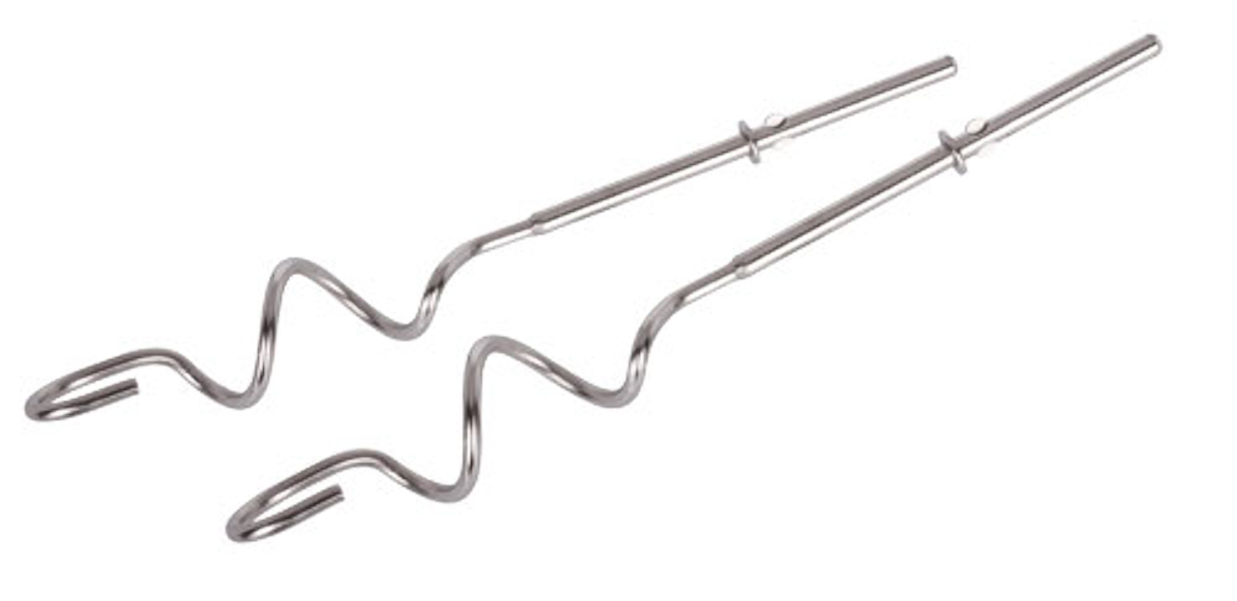 Zwei gebogene, silberne Metall-Schneebesen für einen Mixer, vor weißem Hintergrund.