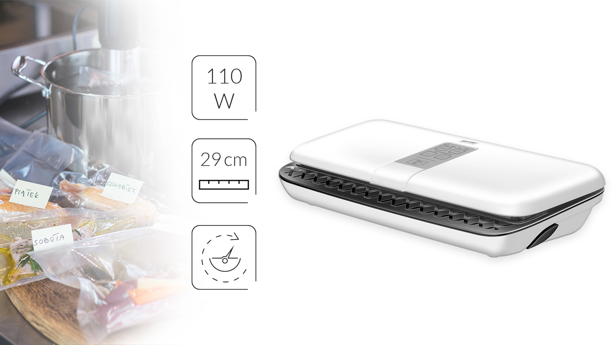 Eine weiße Vakuumversiegelungsmaschine mit Lebensmittelpaketen und Textindikatoren wie 110W, 29cm und einem Timer.