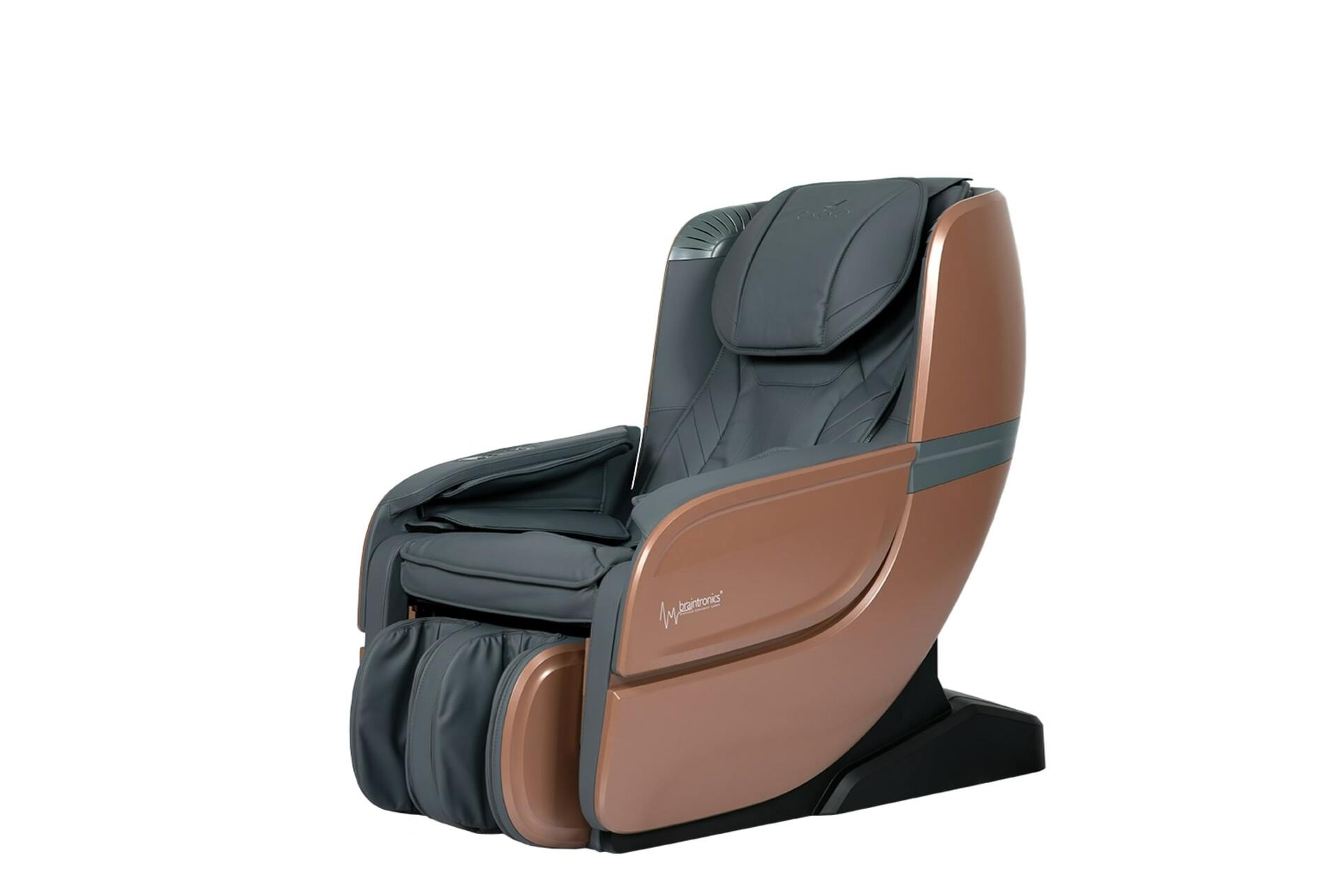 Fotel do masażu, szary i miedziany. Na białym tle.