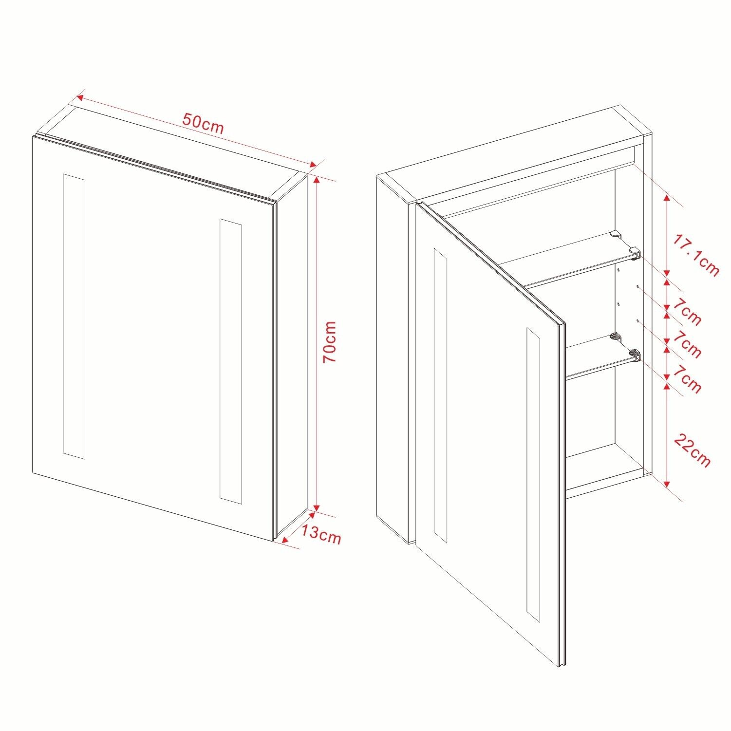 Weißer Badezimmerschrank, offen, mit Maßen. Weißer Hintergrund.