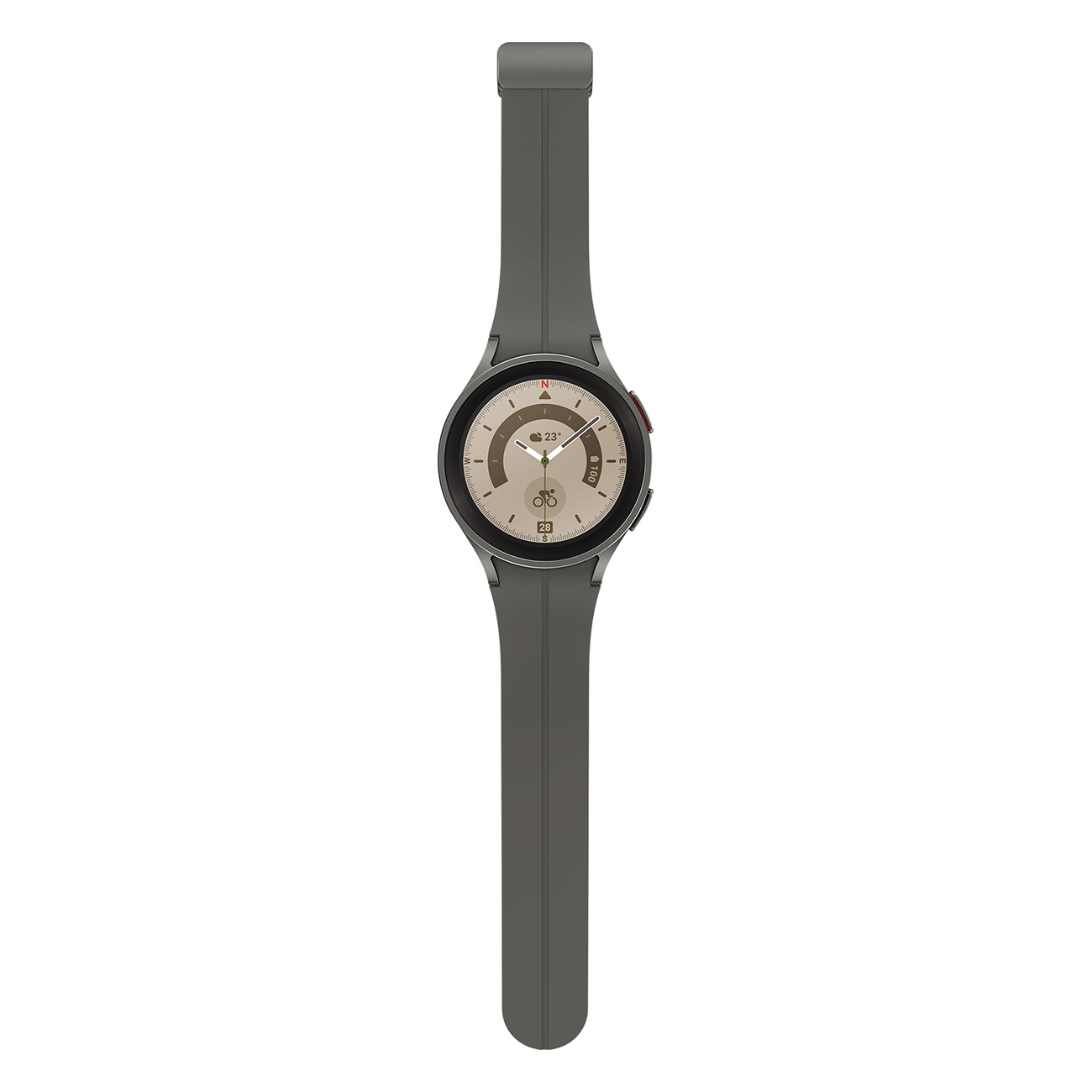 Graue Smartwatch mit rundem Zifferblatt und grauem Armband, das Display zeigt Informationen.