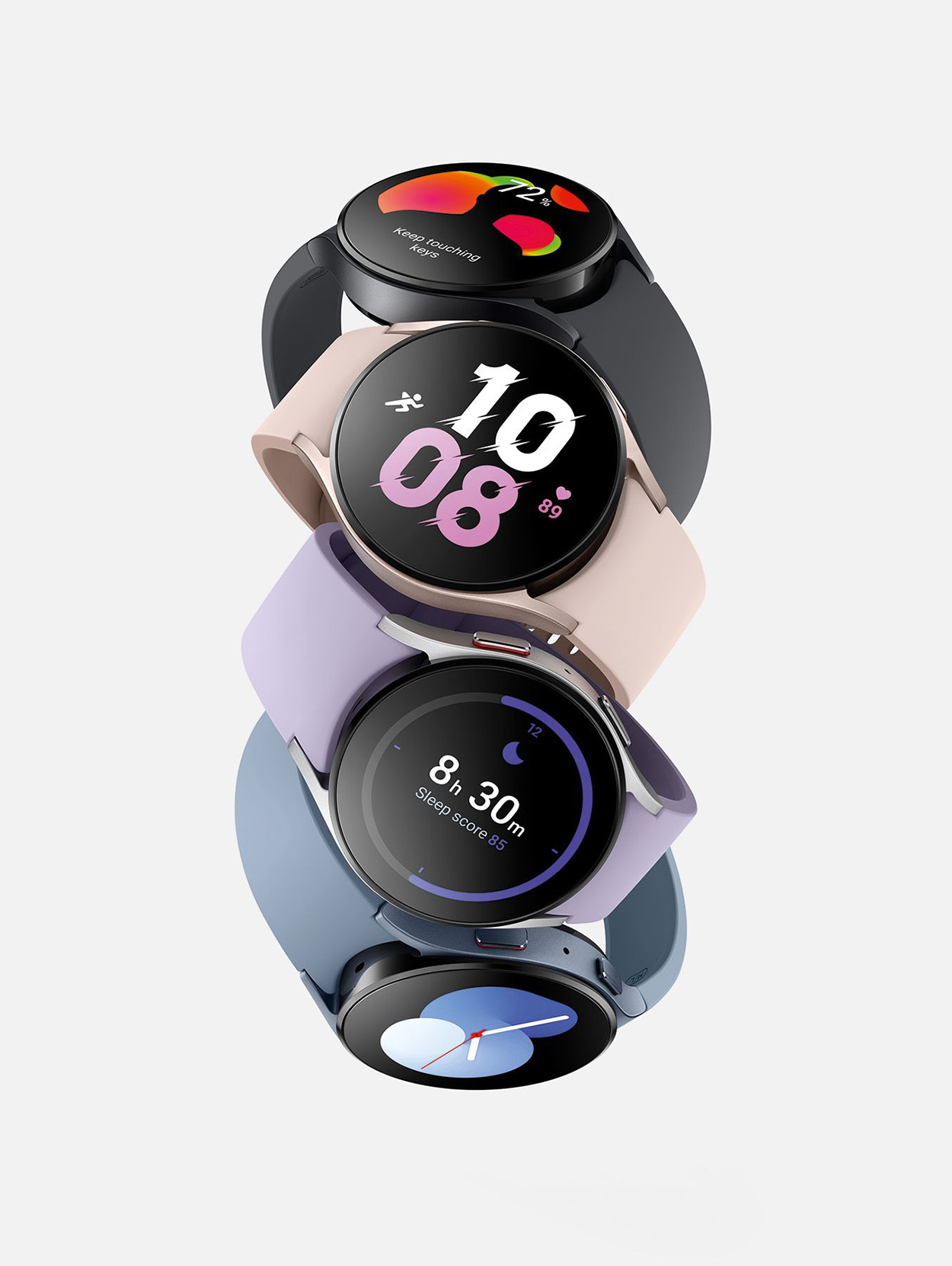 Vier Smartwatches gestapelt. Jede zeigt eine andere Oberfläche mit verschiedenen Farben und Informationen.