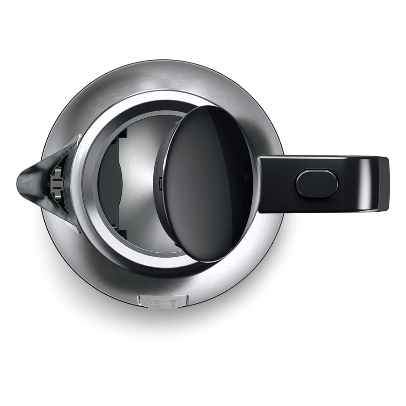 Widok z góry na czajnik ze stali nierdzewnej z otwartą pokrywą. Czarny uchwyt i pokrywa.