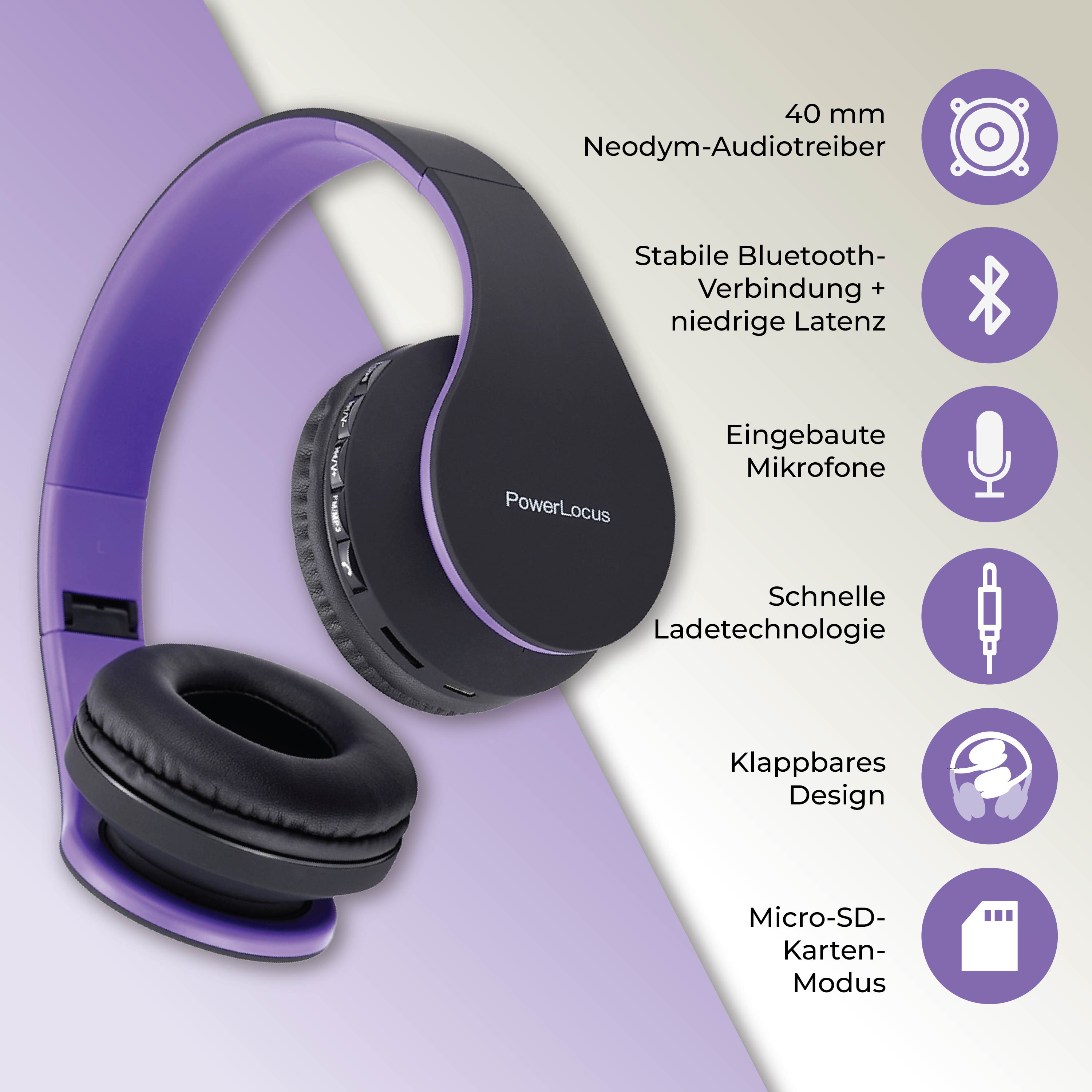 Lila POWERLOCUS Kopfhörer Bluetooth P1, Over-ear