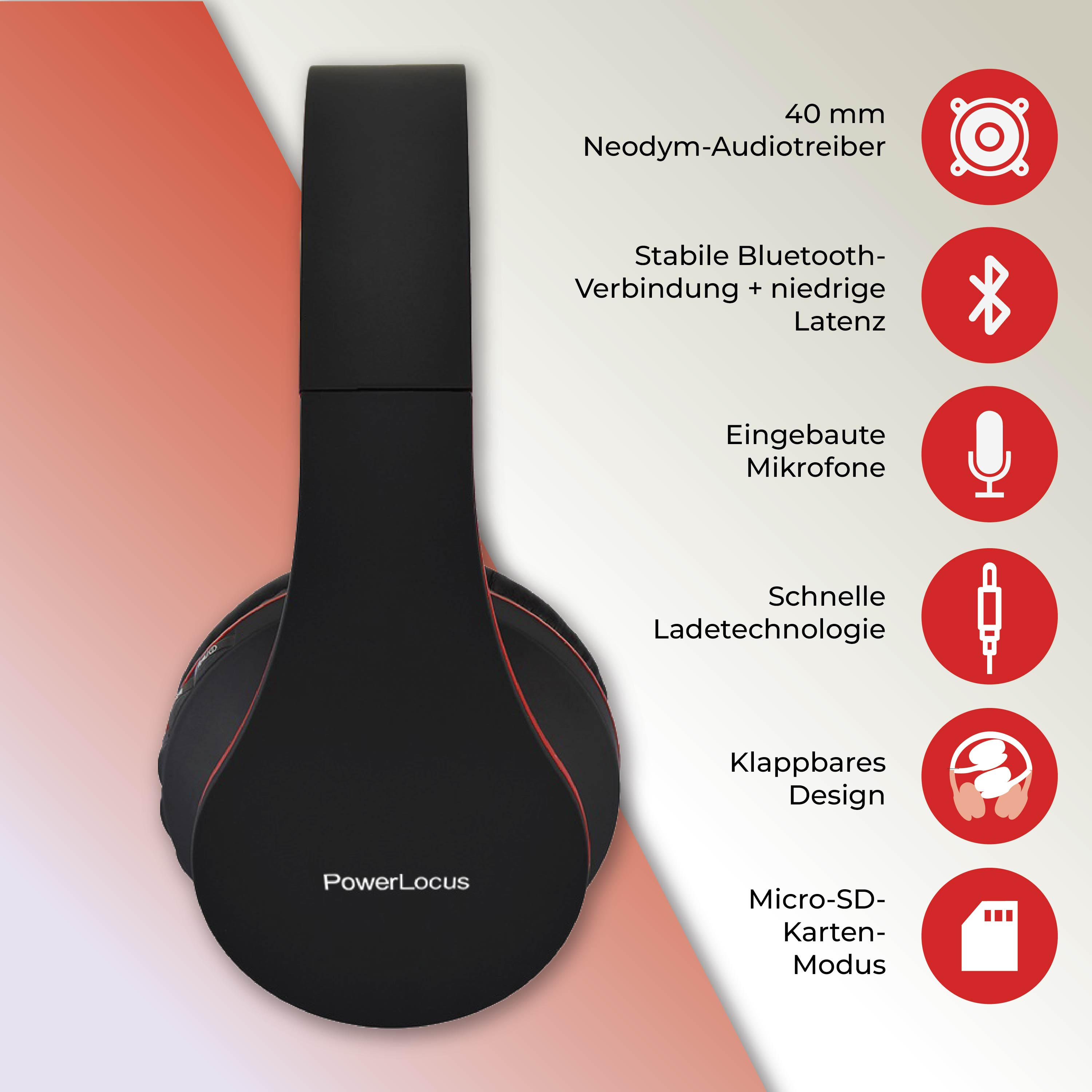 Bluetooth P1, Over-ear Rot POWERLOCUS Kopfhörer