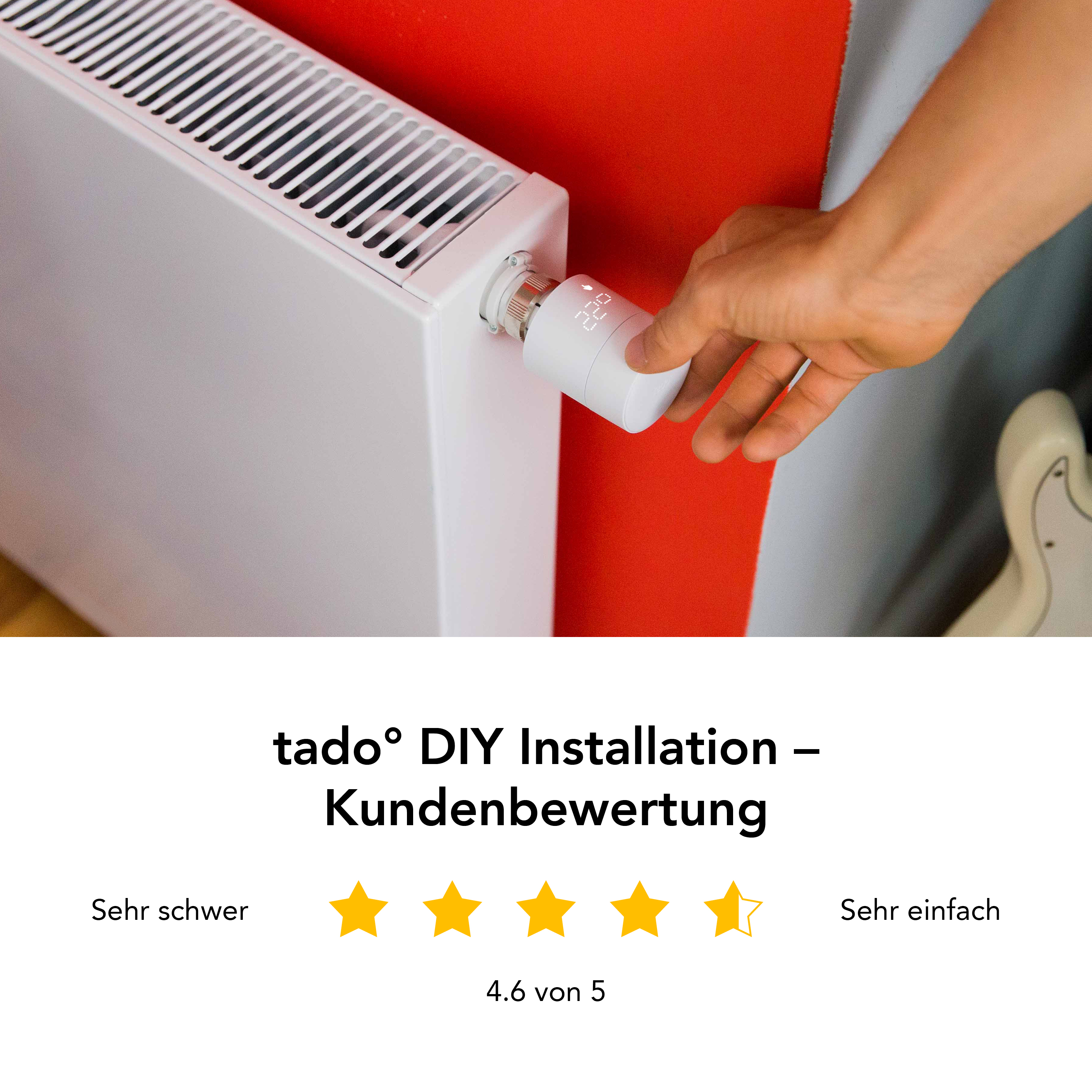 Weißer Smart-Thermostat an roter Wand. Anzeige zeigt 22,0. Text: DIY-Installation, 4,6 Sterne.