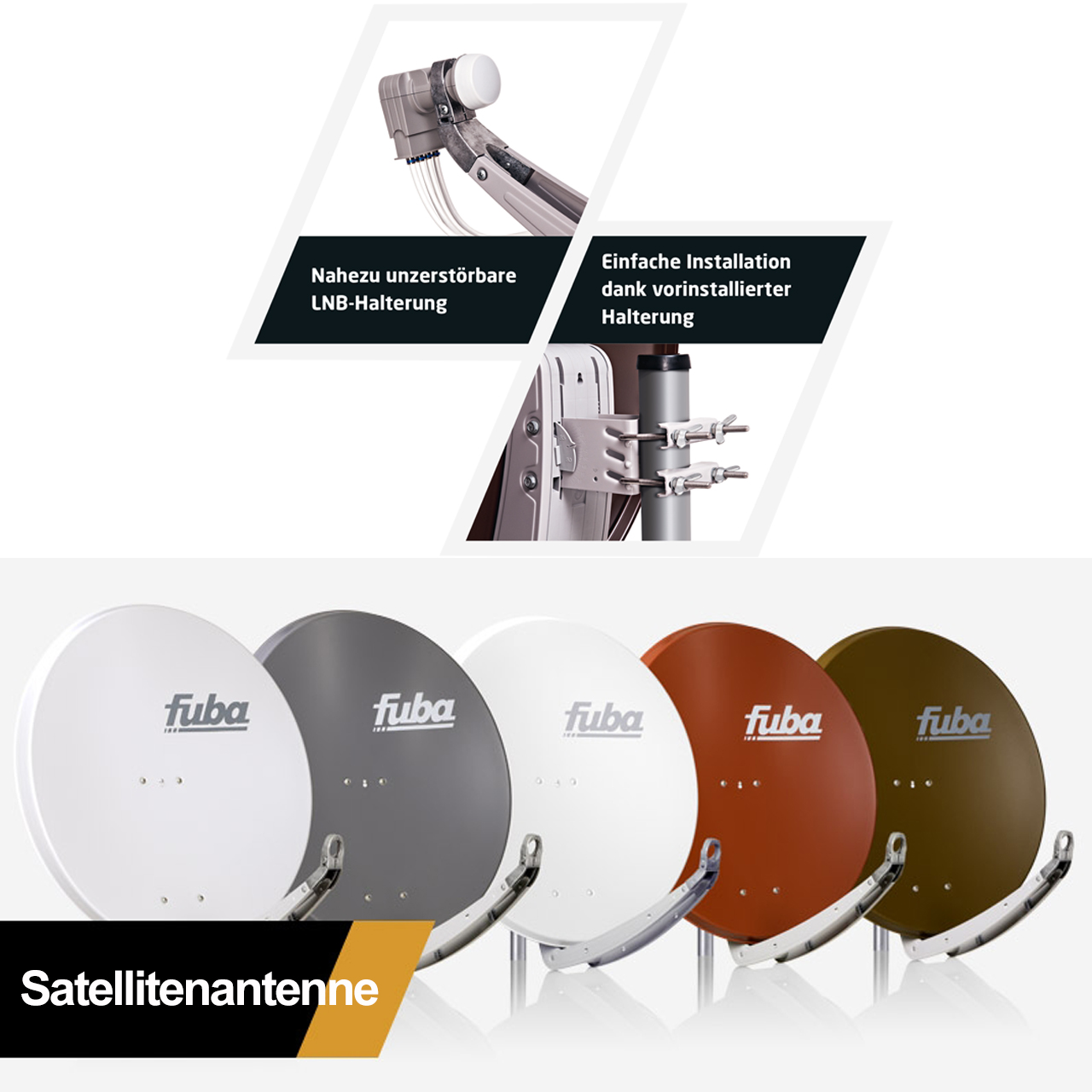 Satellitenschüssel mit Text über Funktionen. Verschiedene Farben, darunter Weiß, Grau und Braun.