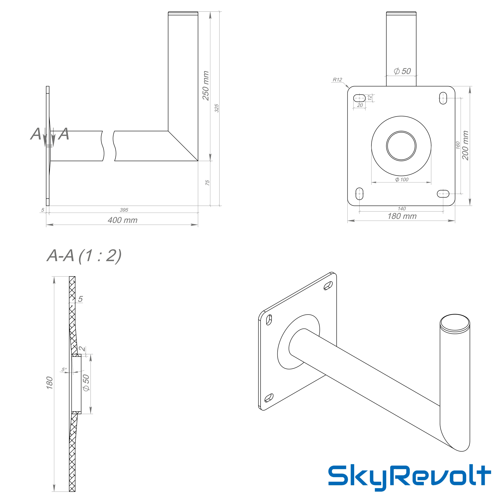 Technische Zeichnungen einer Halterung mit Maßen, Winkeln und einem SkyRevolt-Logo.