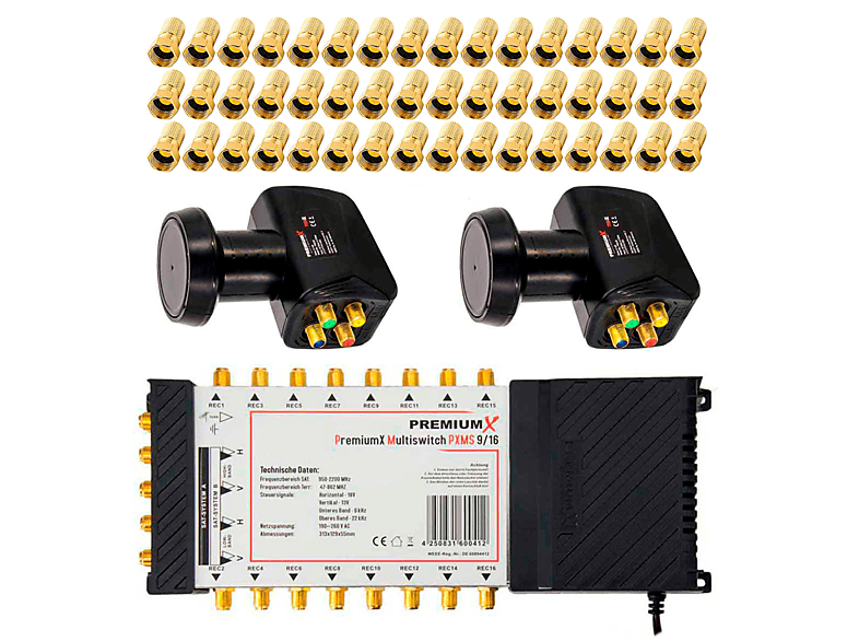 PREMIUMX Multischalter Set 9/16 Multiswitch SAT 2x Quattro LNB 48x F-Stecker Sat-Multischalter