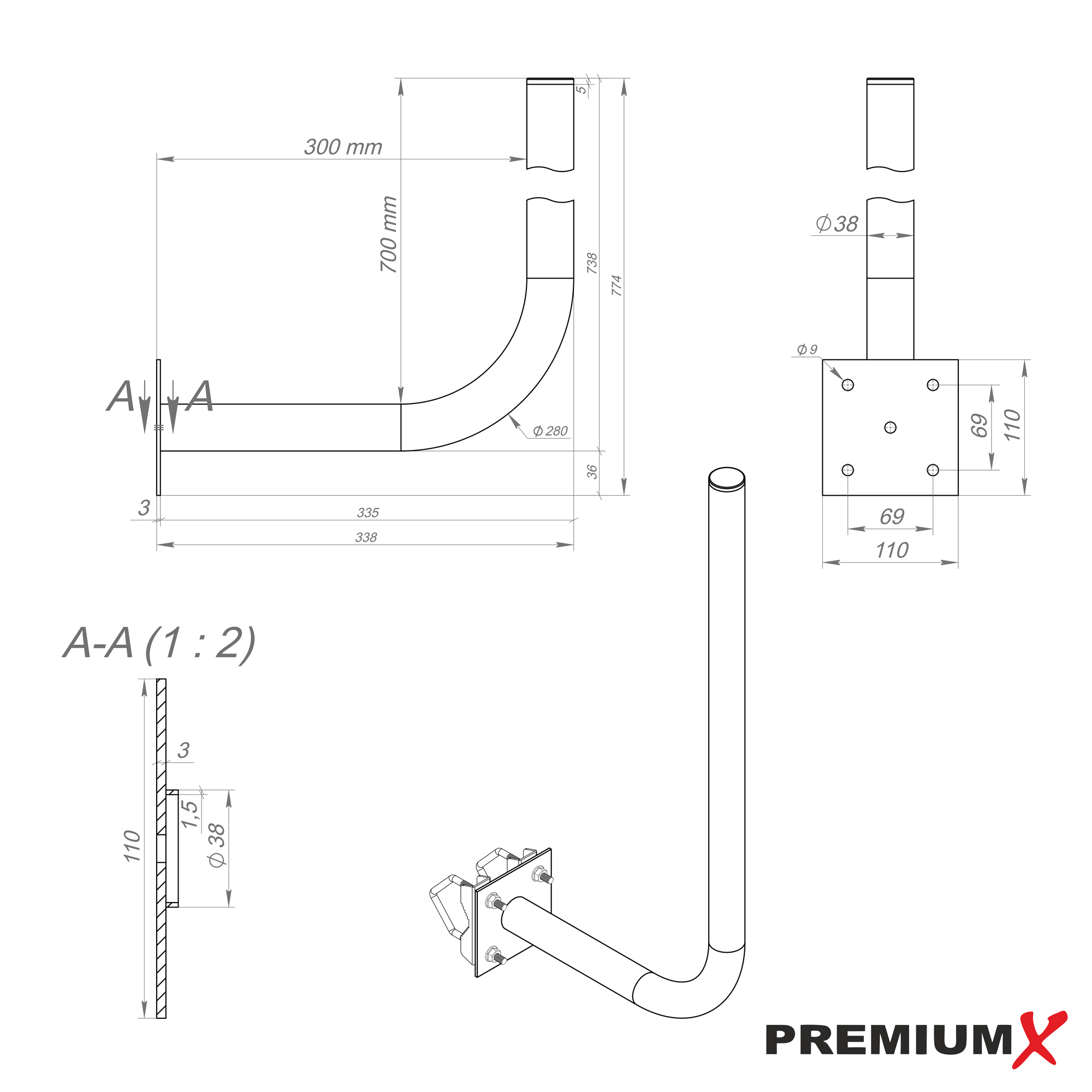 Technische Zeichnung einer Metallhalterung mit Abmessungen und Querschnittsansicht.