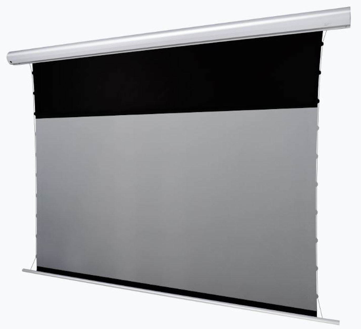 Große Projektionsleinwand, schwarze Oberseite, hellgraue Leinwand und silbernes Gehäuse.