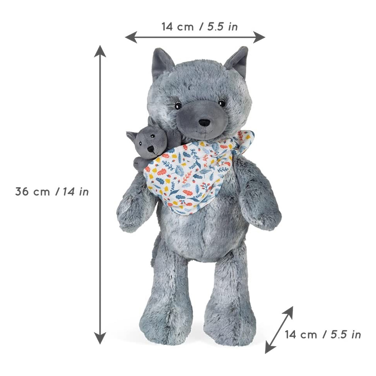 Peluche loup gris tenant un petit loup. Dimensions : 36cm de haut, 14cm de large.