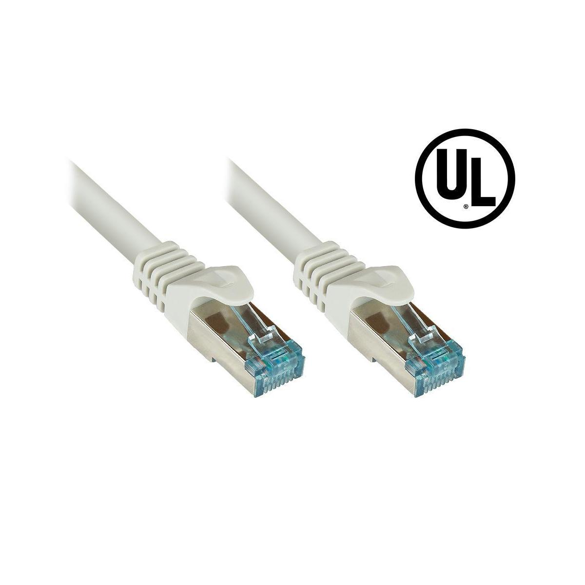 Zwei weiße Ethernet-Kabel mit blauen und silbernen Steckern. Ein UL-Zeichen befindet sich oben rechts.