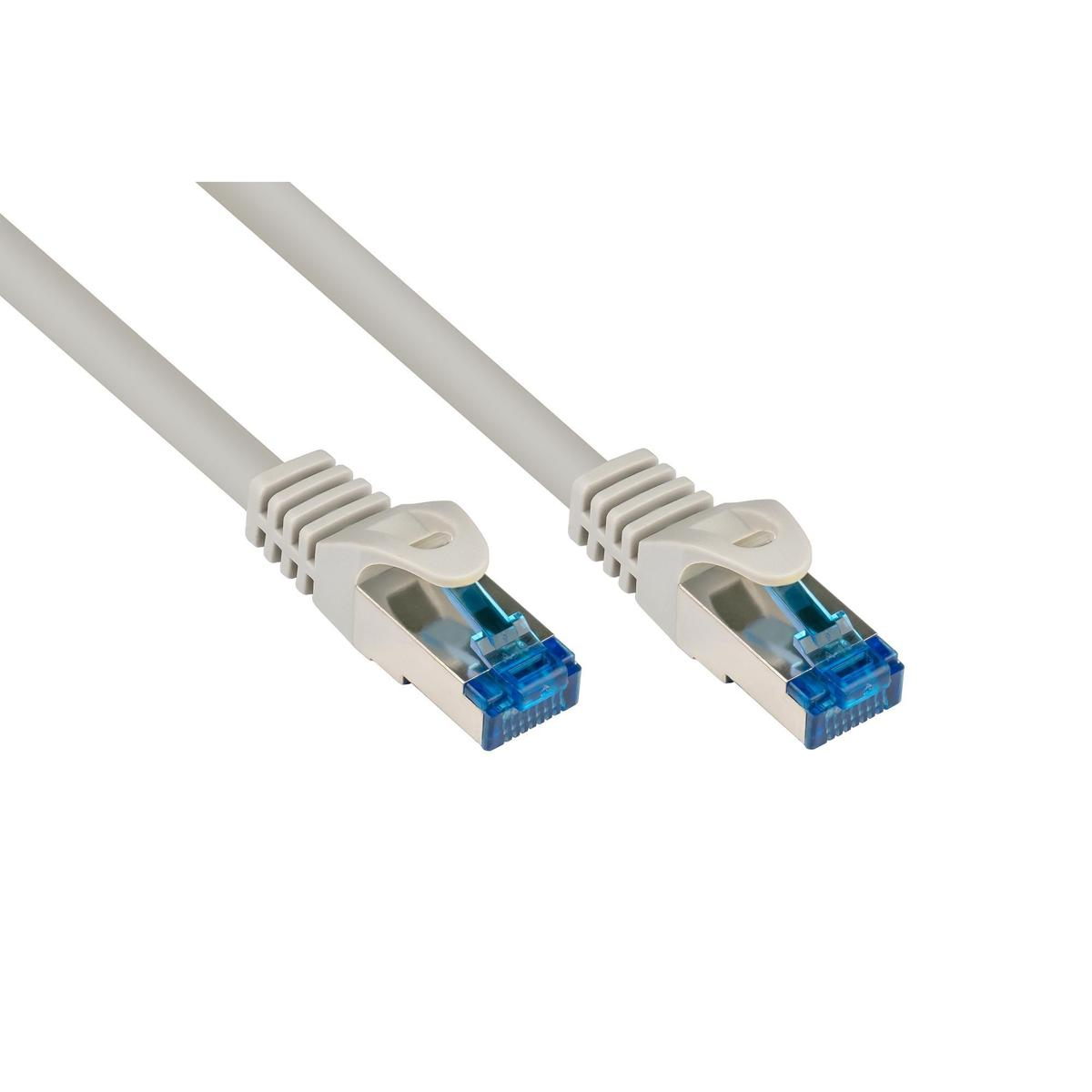 Zwei graue Netzwerkkabel mit blauen Steckern an jedem Ende. Weißer Hintergrund.