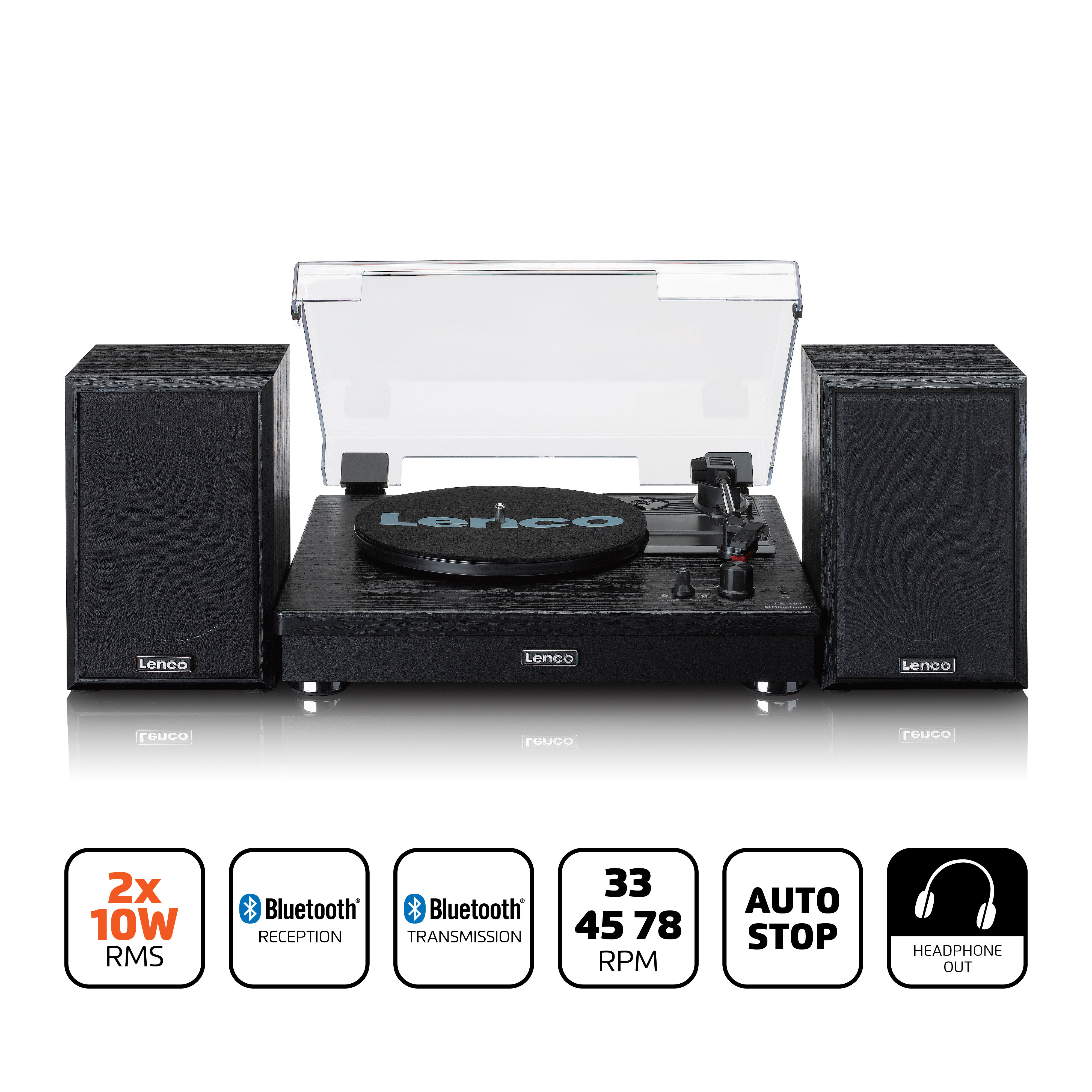 Tocadiscos Lenco negro con dos altavoces y botones de control.
