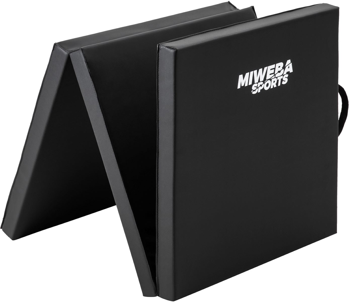 Eine schwarze, faltbare Gymnastikmatte mit dem Aufdruck MIWEBA SPORTS.