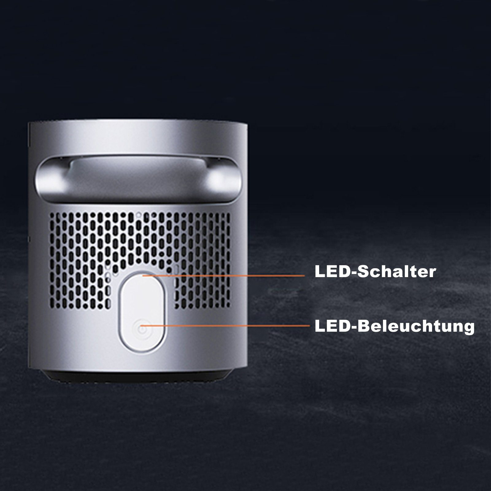 Dispositivo plateado con etiquetas 'LED-Schalter' y 'LED-Beleuchtung'.