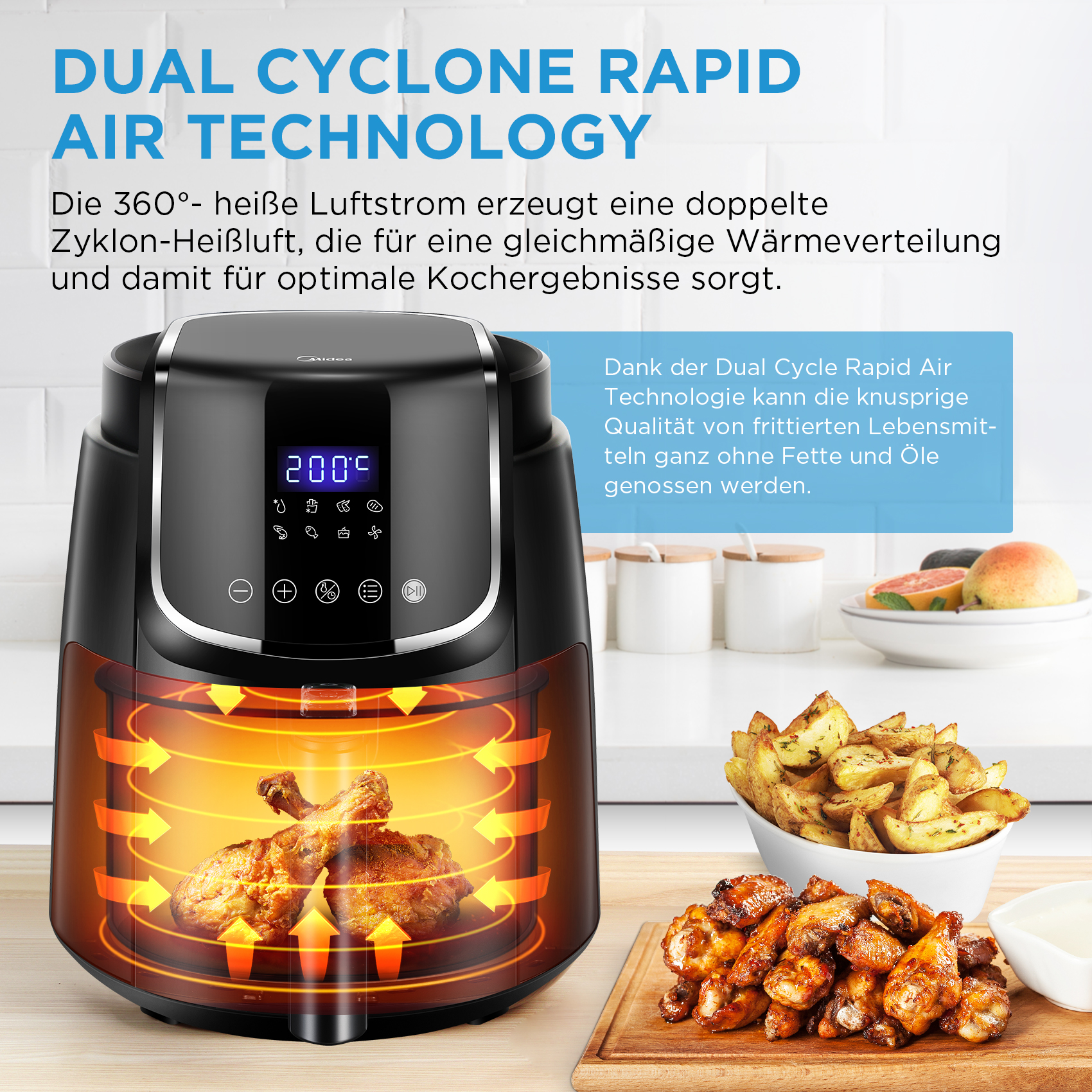 Schwarze Heißluftfritteuse mit Essen, Text über Funktionen. Essen und Text auf weißer Oberfläche.