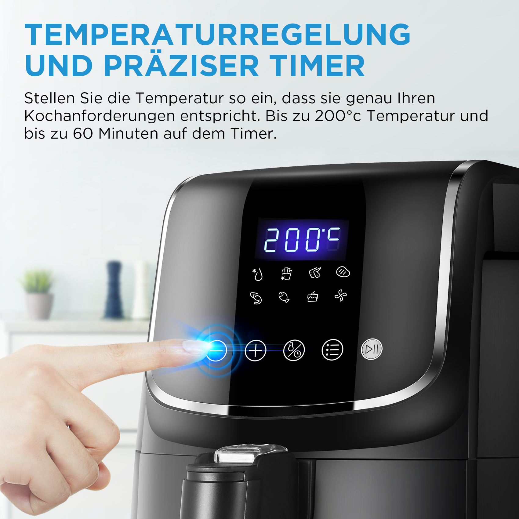 Schwarze Heißluftfritteuse mit Digitalanzeige, die 200 °C anzeigt. Eine Hand berührt einen Knopf.