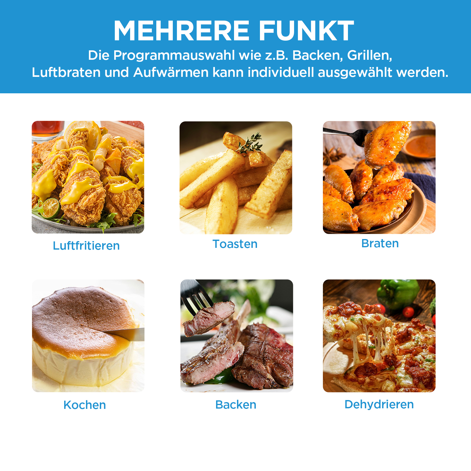 Bilder von Frittiertem, Pommes, Backwaren und Text auf Deutsch.