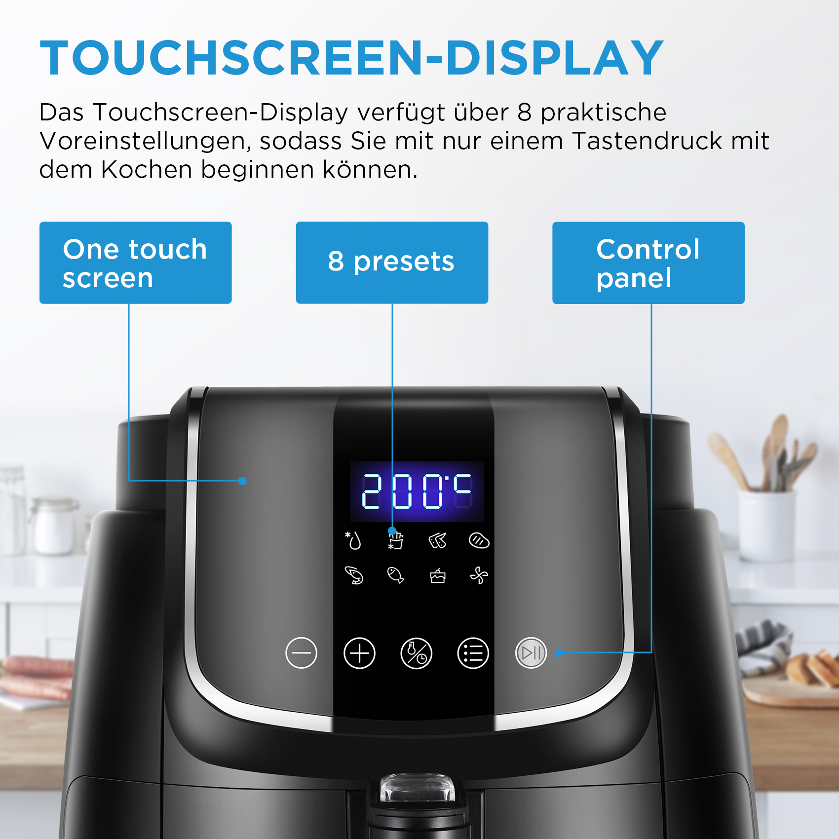 Schwarze Heißluftfritteuse mit Touchscreen-Display, Knöpfen und Symbolen, auf Küchentheke.