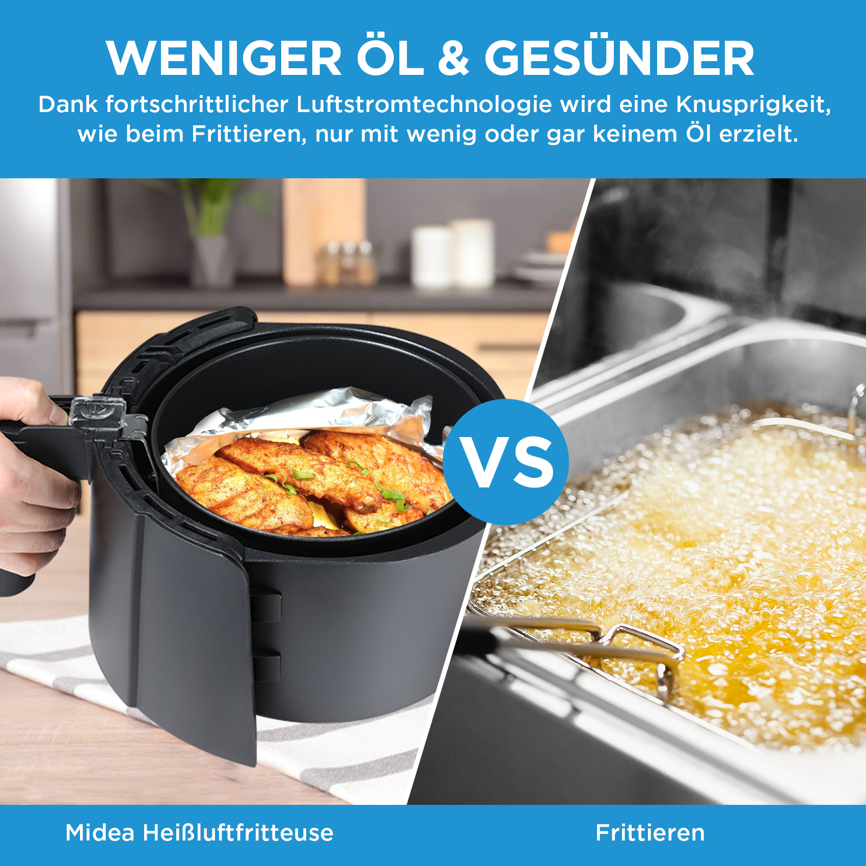 Vergleich zwischen Heißluftfritteuse und Fritteuse. Heißluftfritteuse zeigt gekochtes Essen. Fritteuse zeigt Öl mit kochendem Essen.