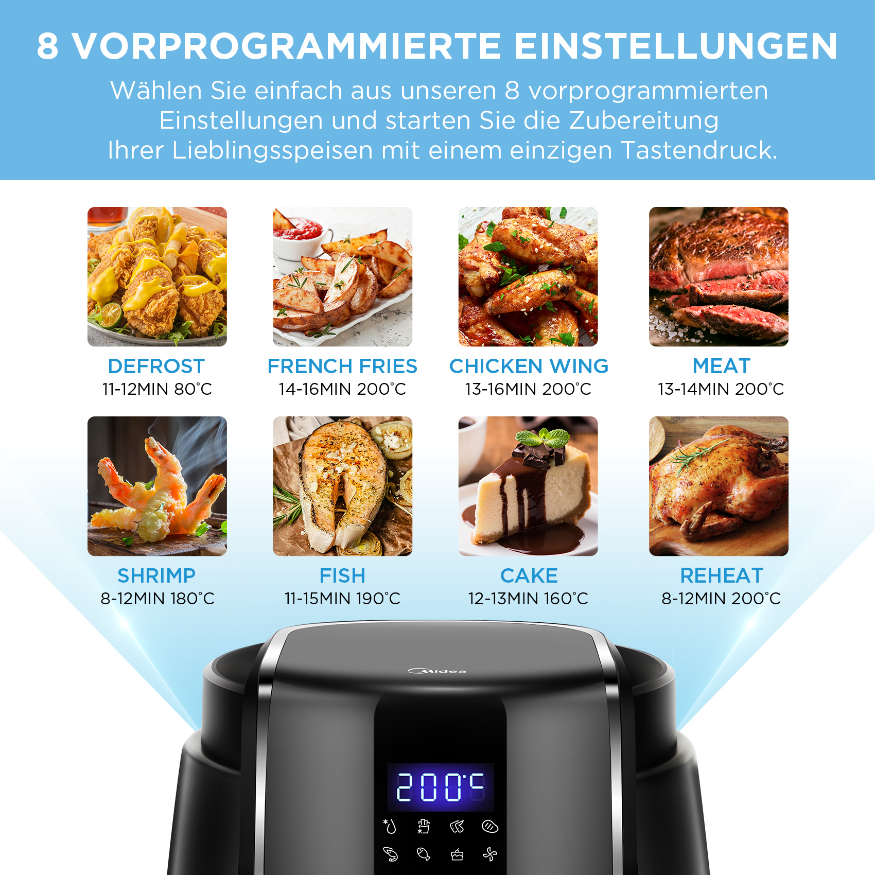 Heißluftfritteuse mit Essensbildern: Pommes, Chicken Wings, Garnelen, Kuchen usw. Schwarzer Hintergrund.