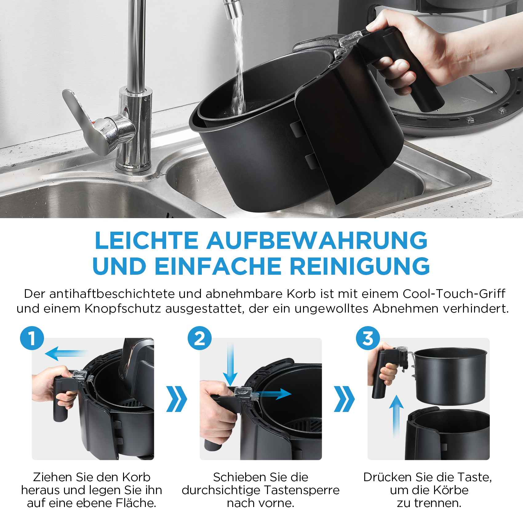 Schritte zum Reinigen einer Heißluftfritteuse: Korb entfernen, Griff ziehen und Korb trennen.