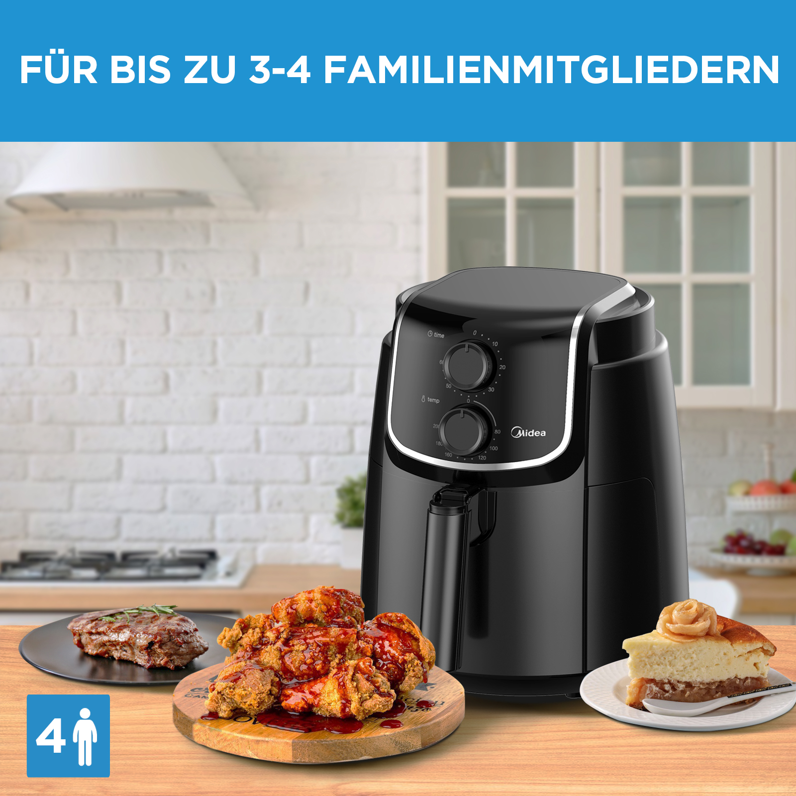 Schwarze Heißluftfritteuse mit Essen. Steak, gebratenes Hähnchen und Kuchen sind auf Tellern. Text: "für 3-4 Familienmitglieder".