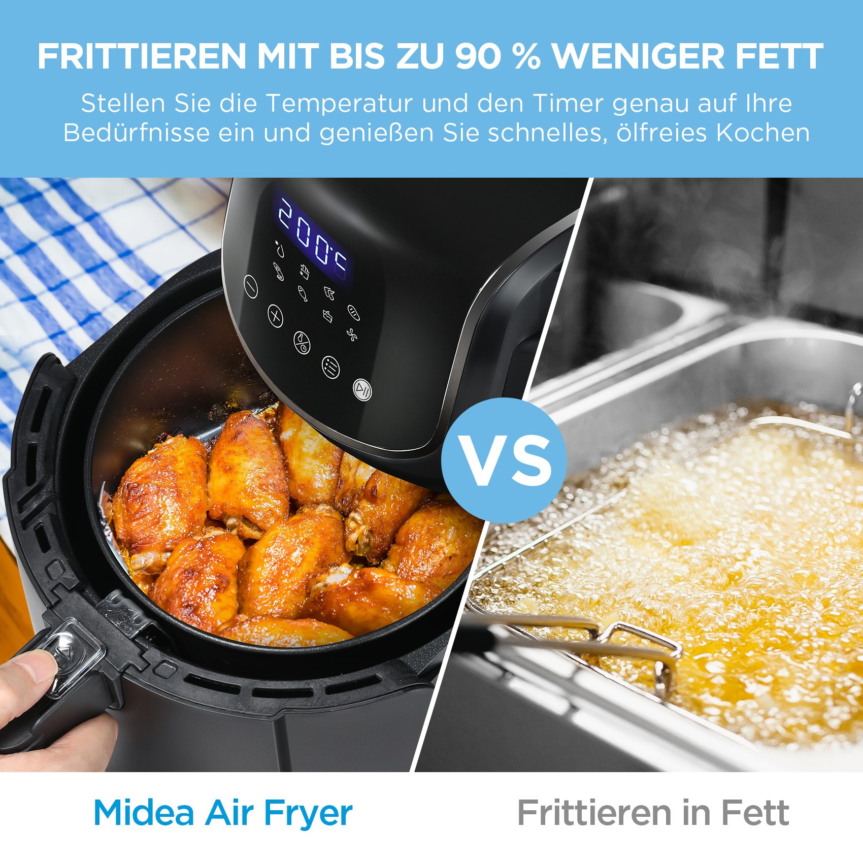 Eine Heißluftfritteuse vs. Frittieren. Die Heißluftfritteuse enthält Hähnchenflügel.